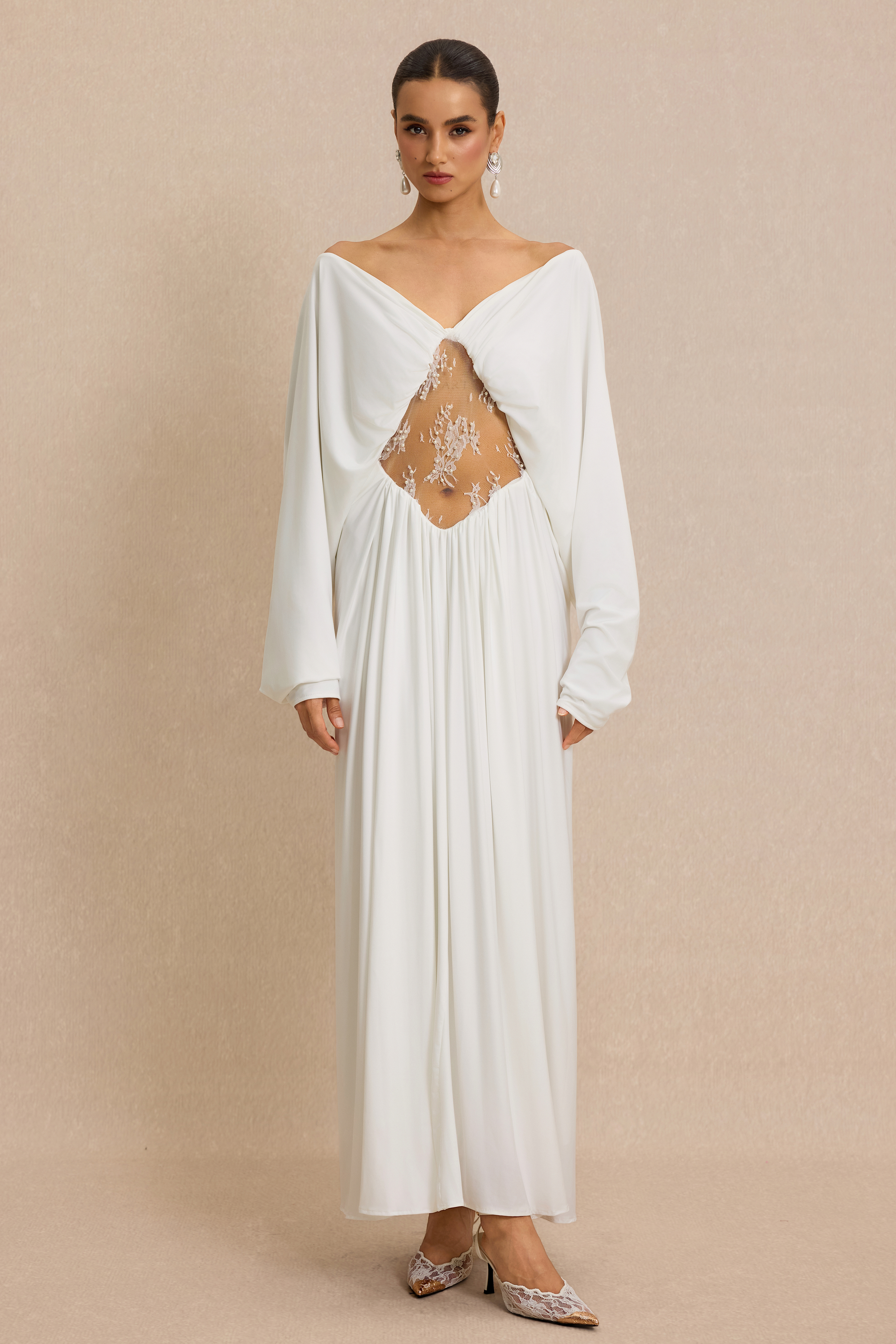 Lace Faux Pearl Gathering Maxi Dress