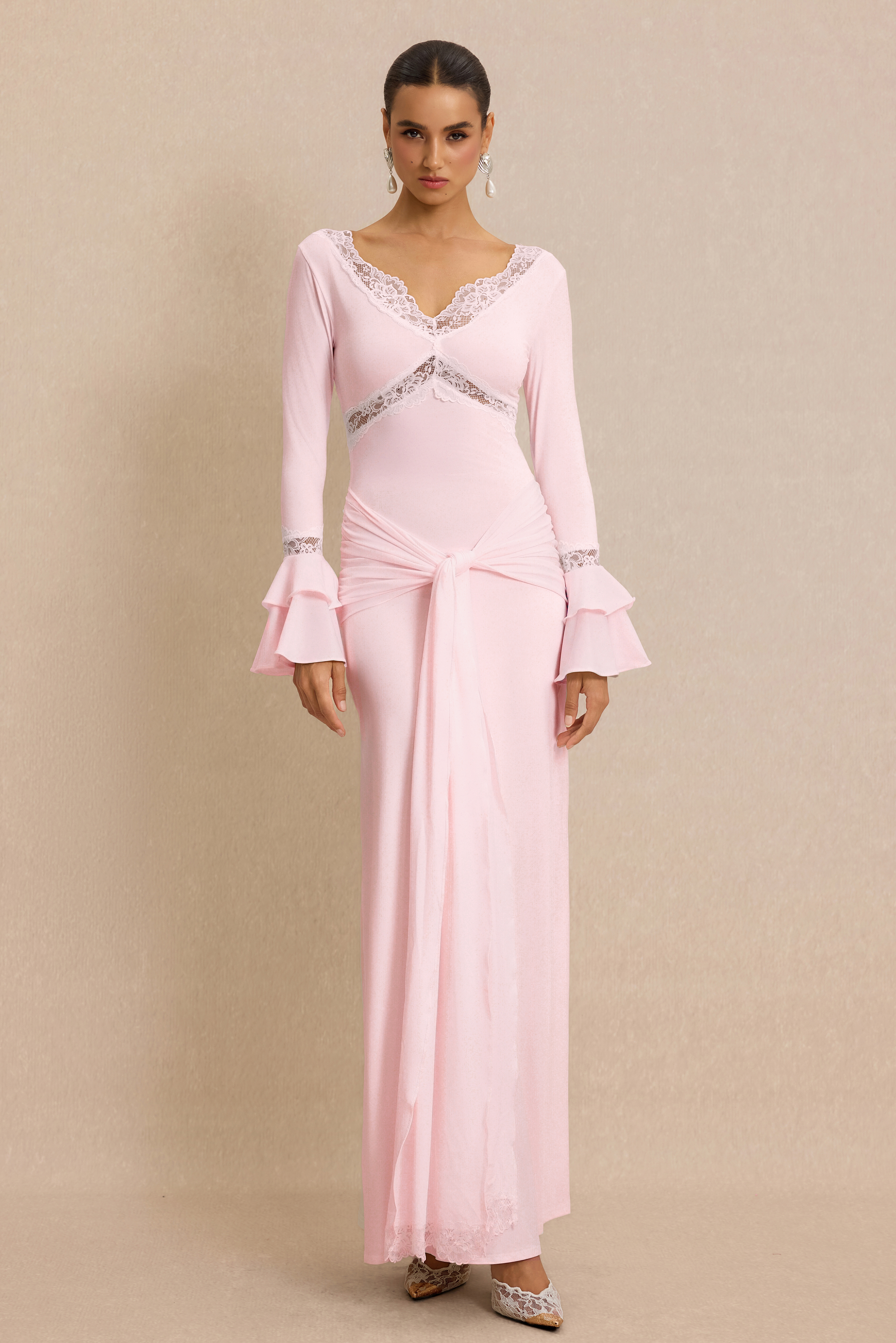 Lace Splicing Jersey Frill Maxi Dress