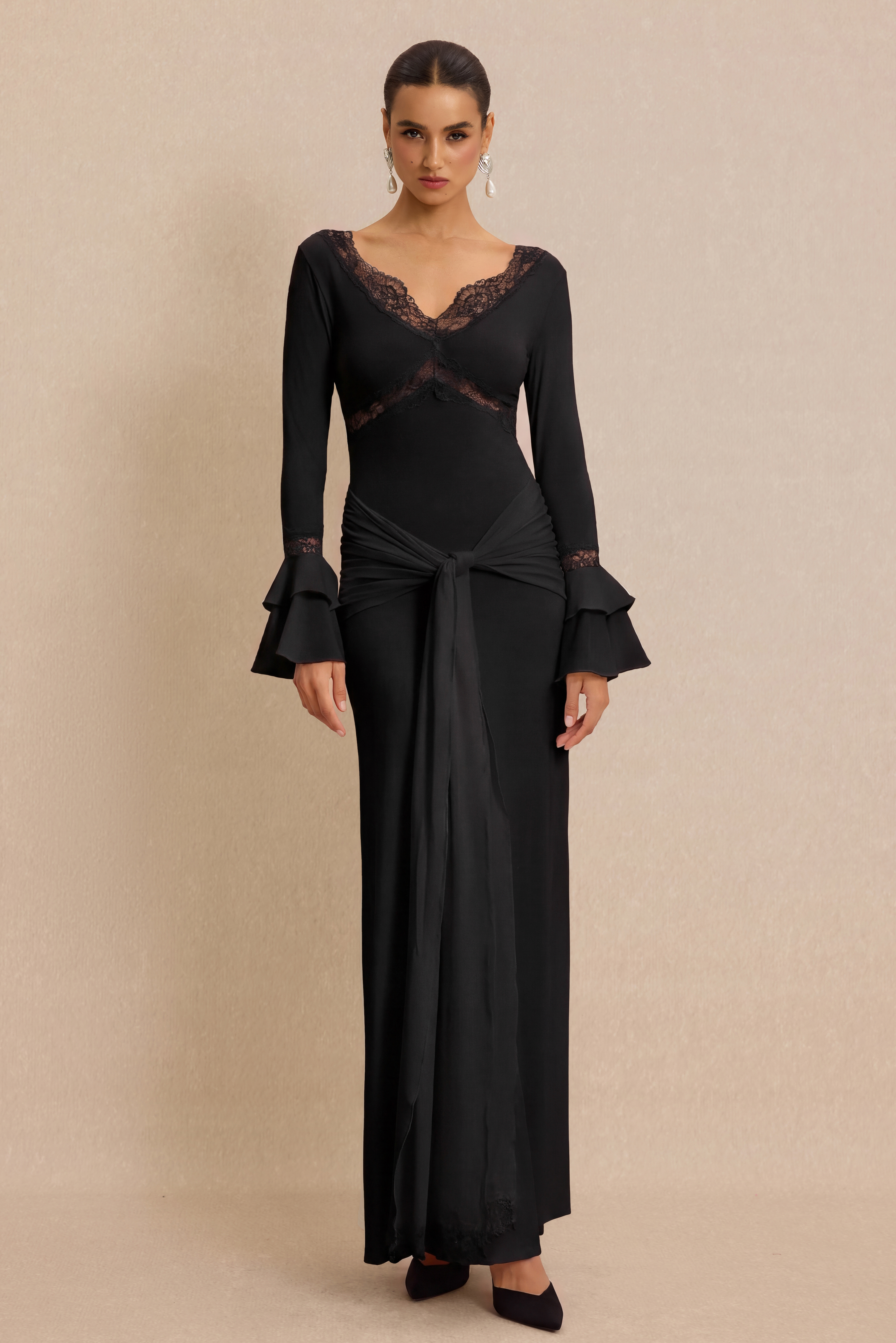 Lace Splicing Jersey Frill Maxi Dress