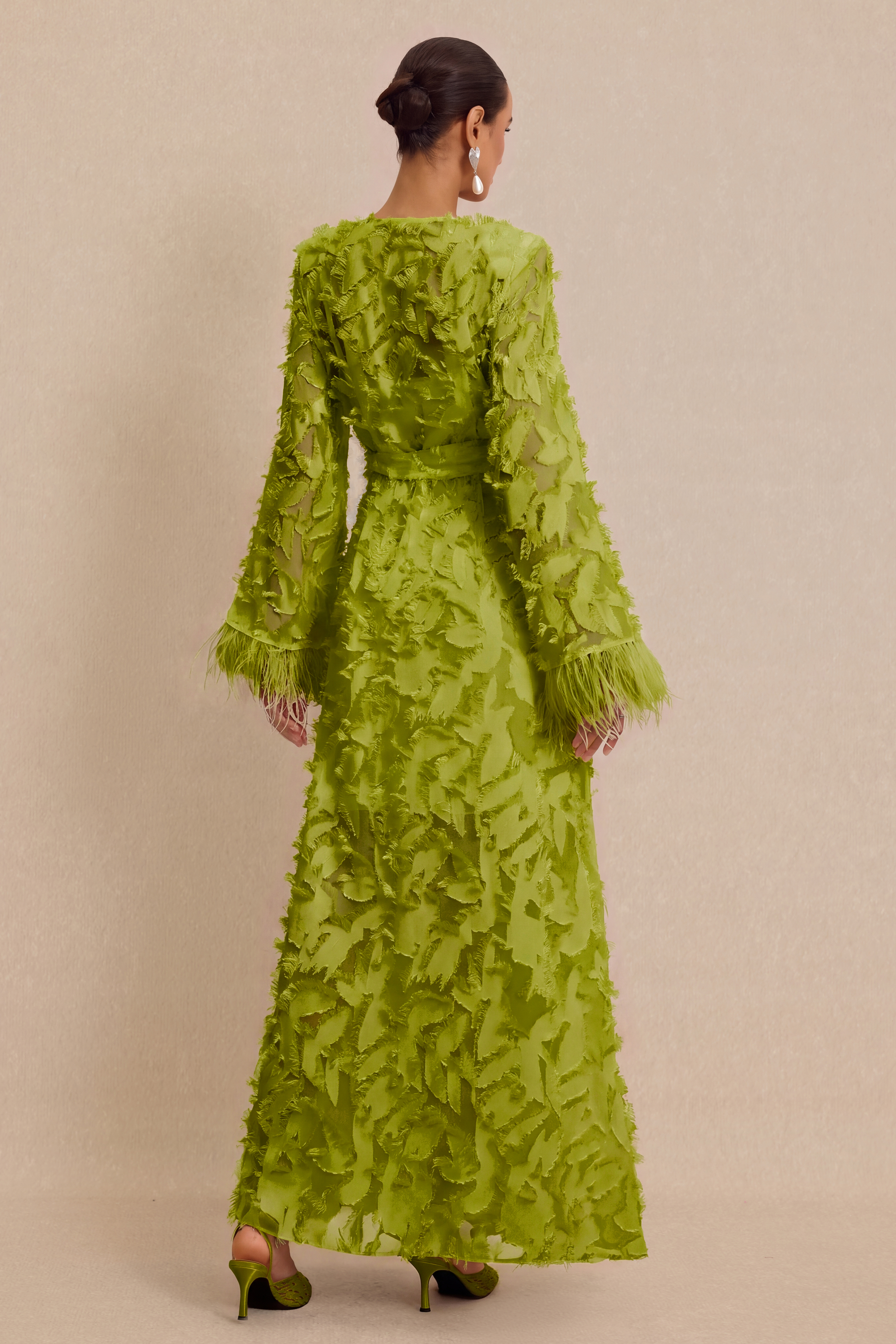 Jacquard Bell Sleeve Feather Midi Dress