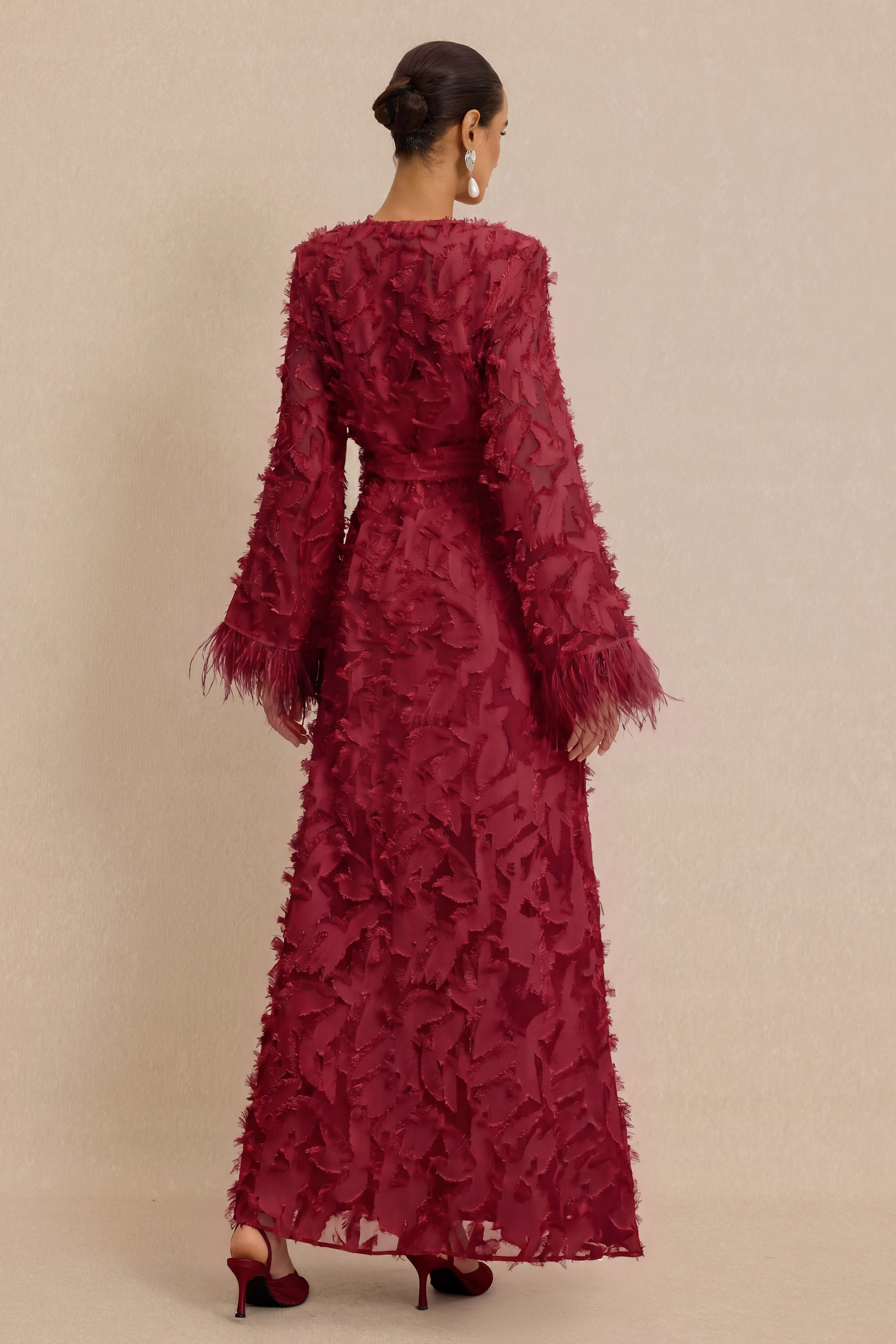 Jacquard Bell Sleeve Feather Midi Dress