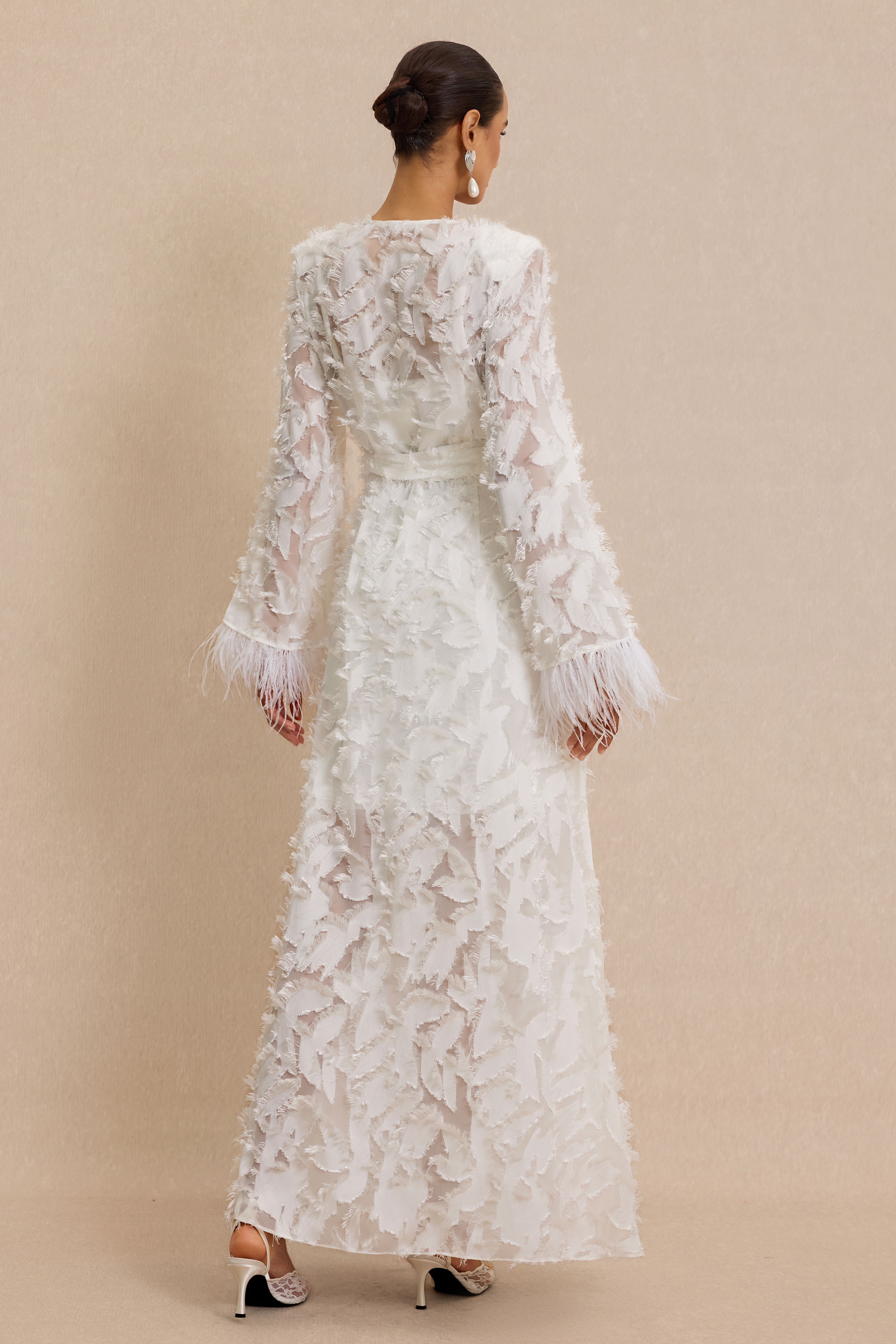 Jacquard Bell Sleeve Feather Midi Dress