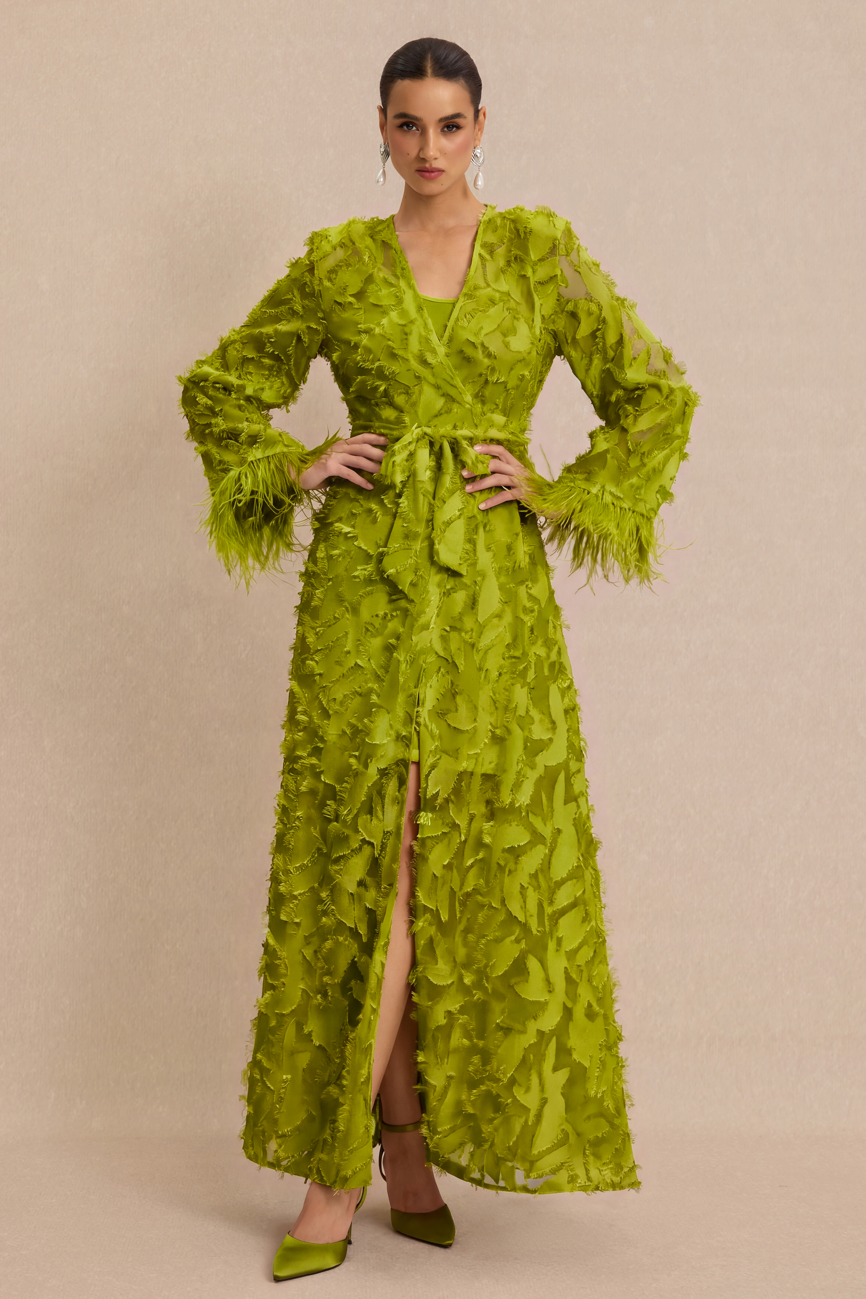 Jacquard Bell Sleeve Feather Midi Dress