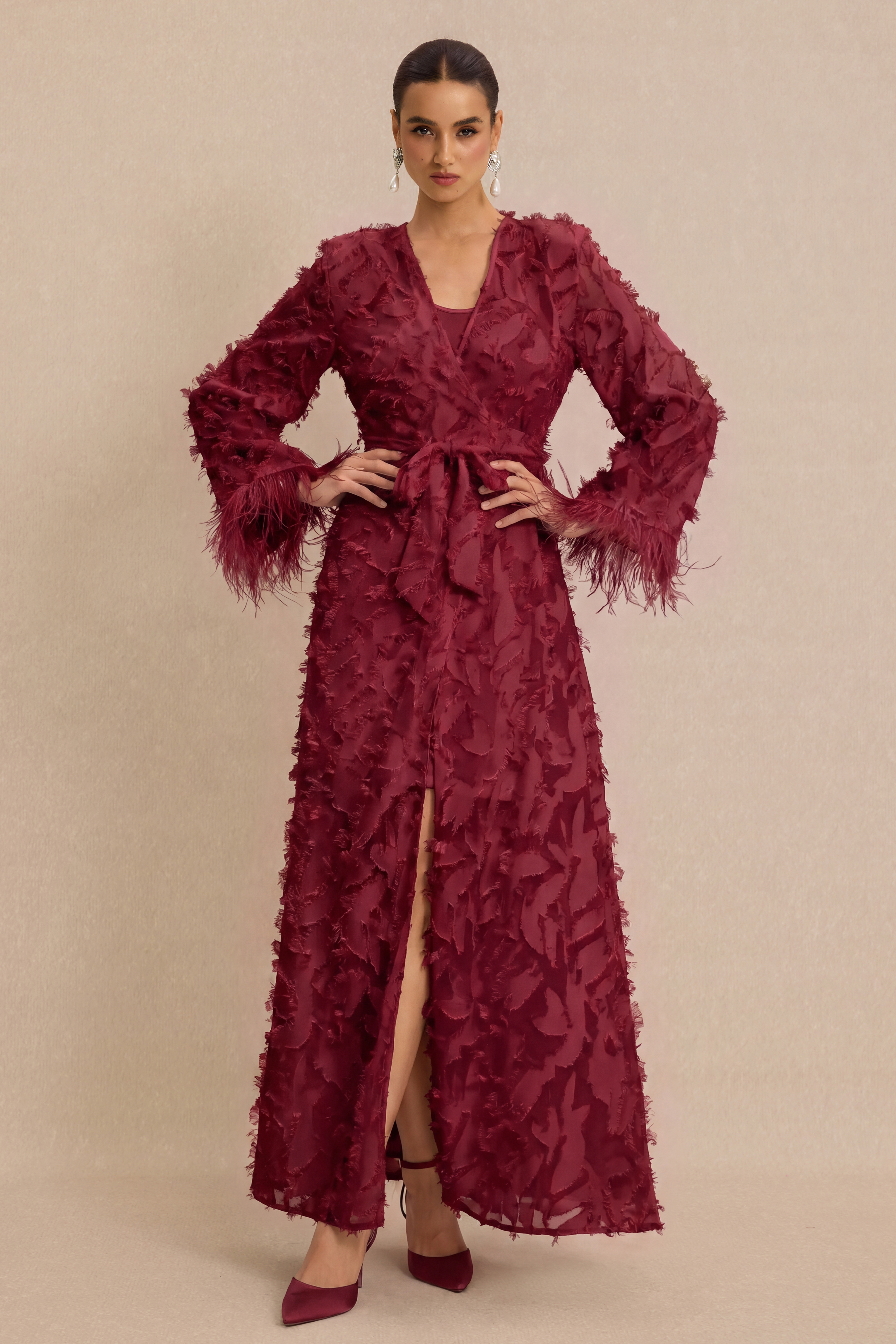 Jacquard Bell Sleeve Feather Midi Dress