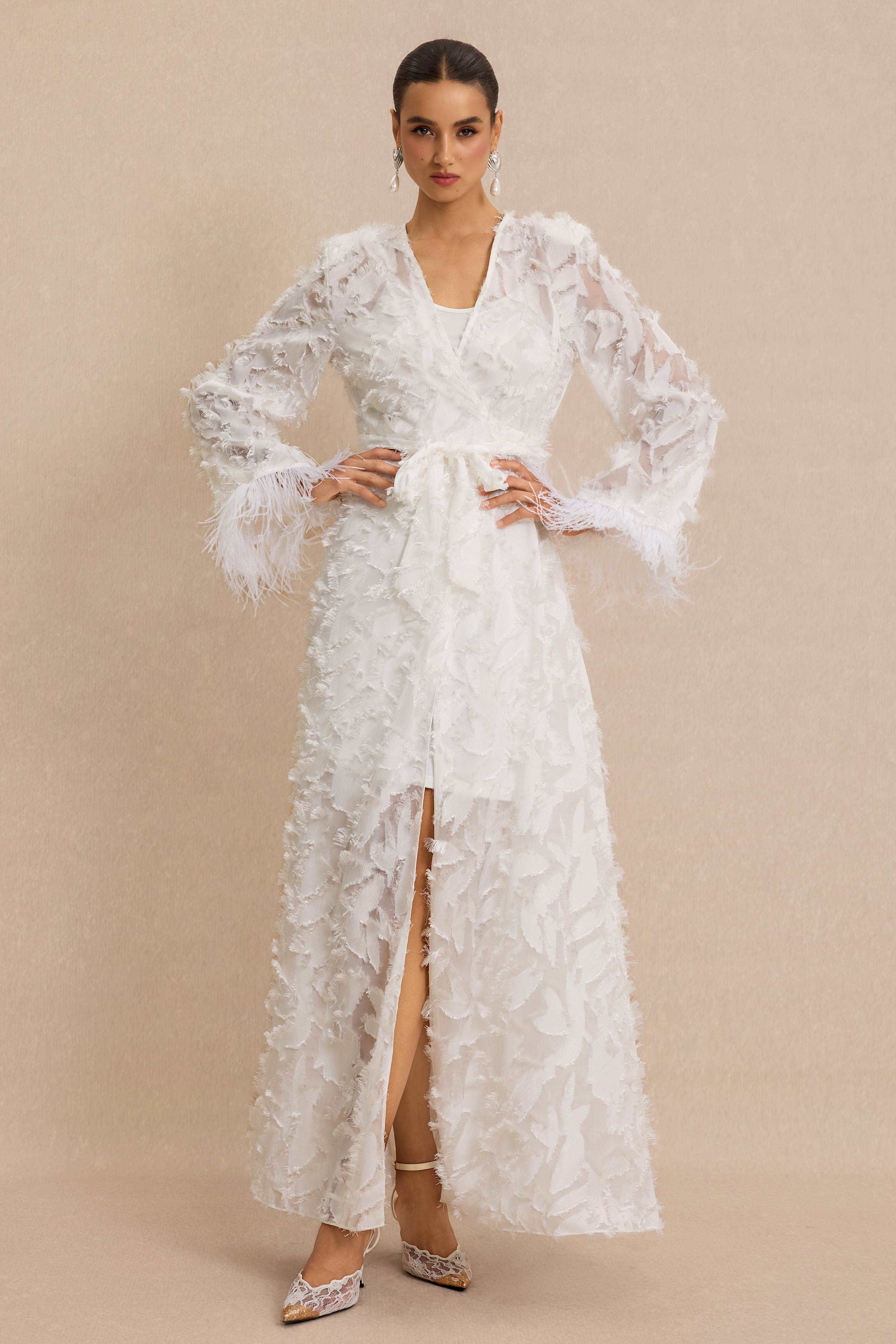 Jacquard Bell Sleeve Feather Midi Dress