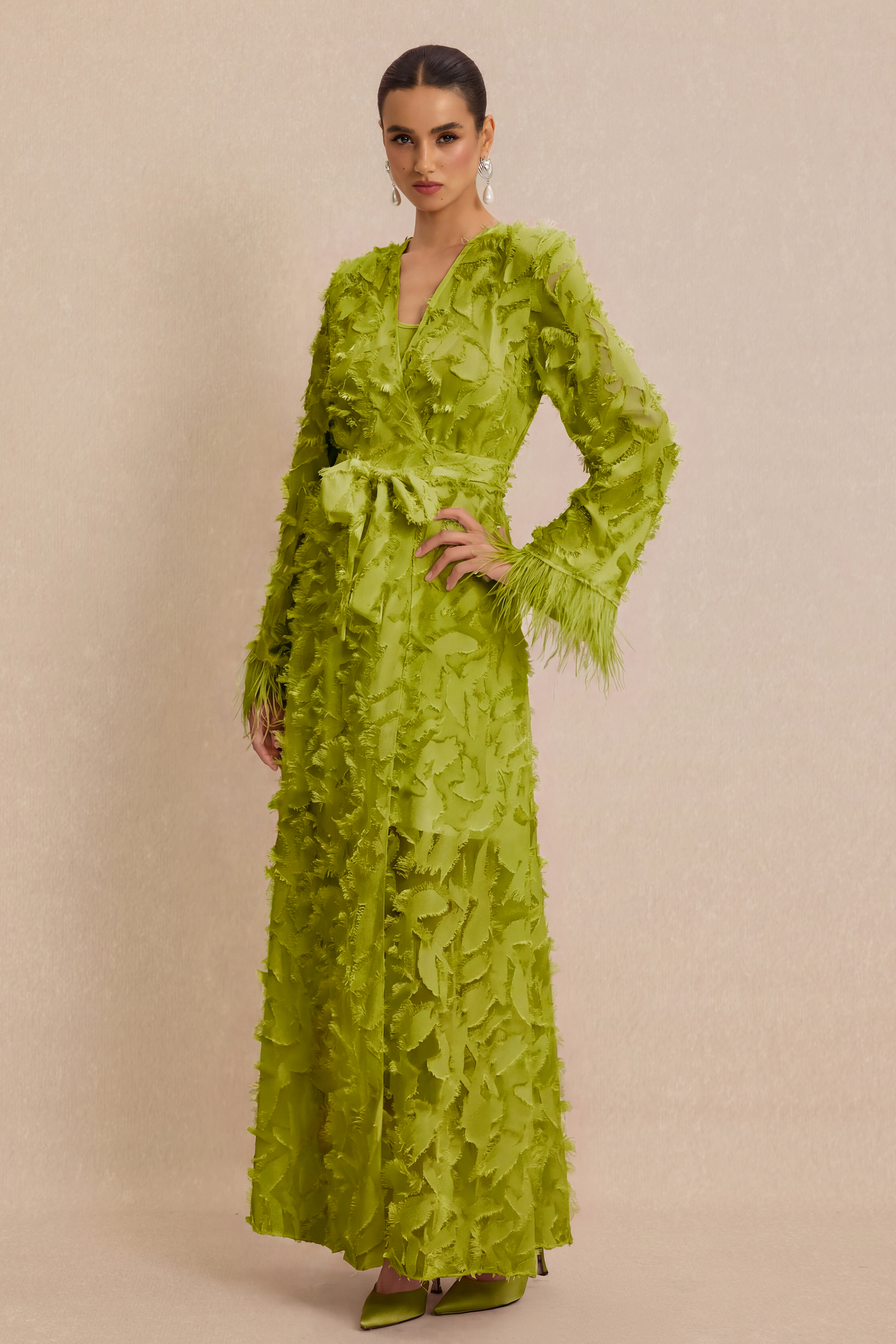 Jacquard Bell Sleeve Feather Midi Dress