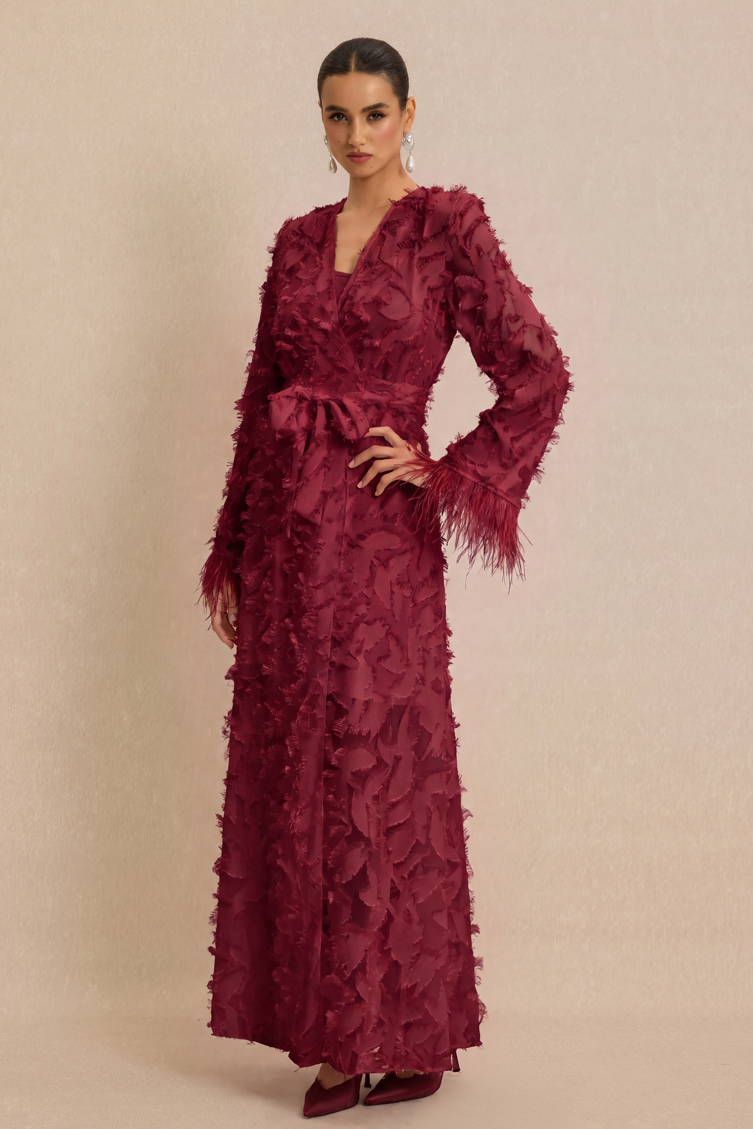 Jacquard Bell Sleeve Feather Midi Dress