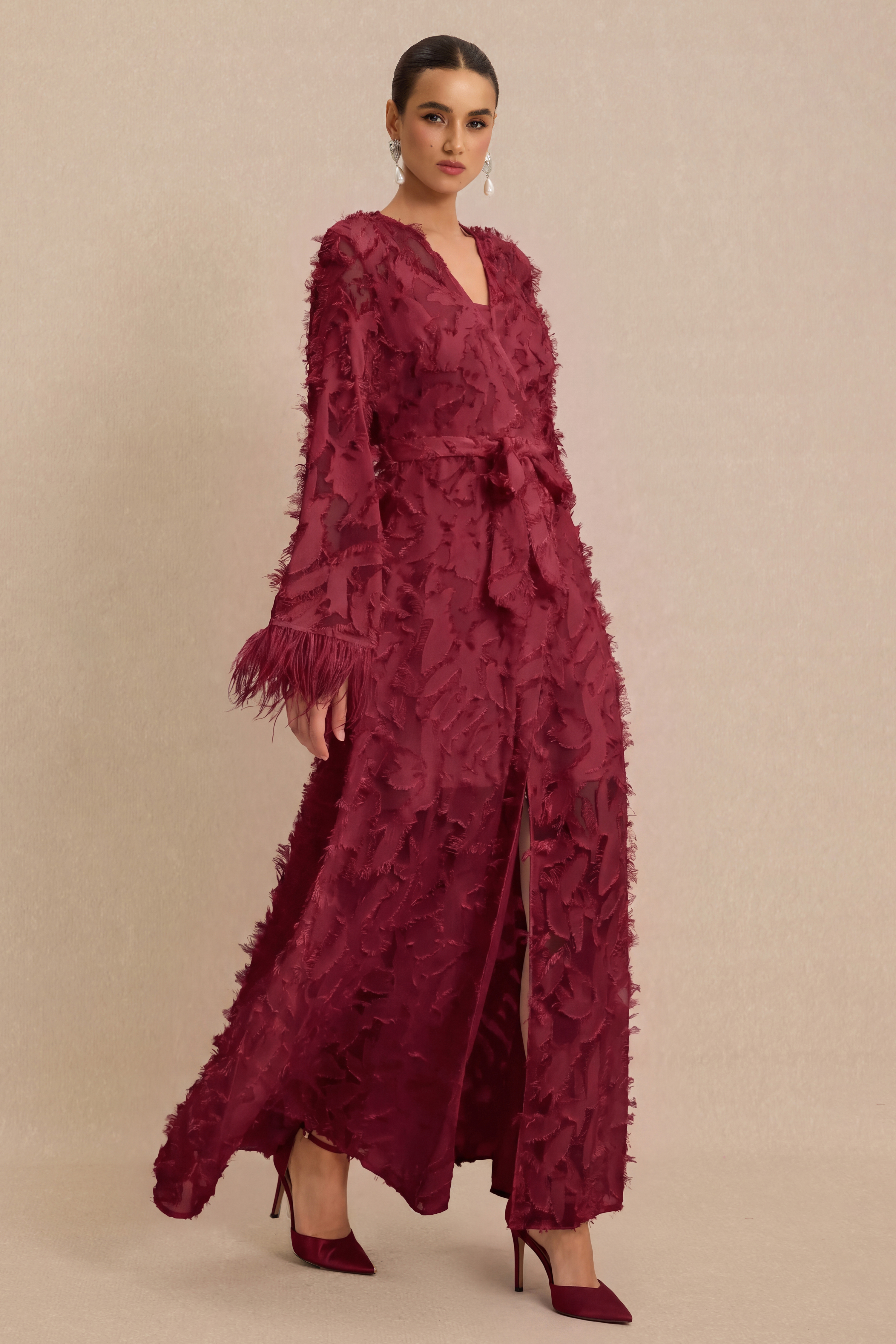 Jacquard Bell Sleeve Feather Midi Dress