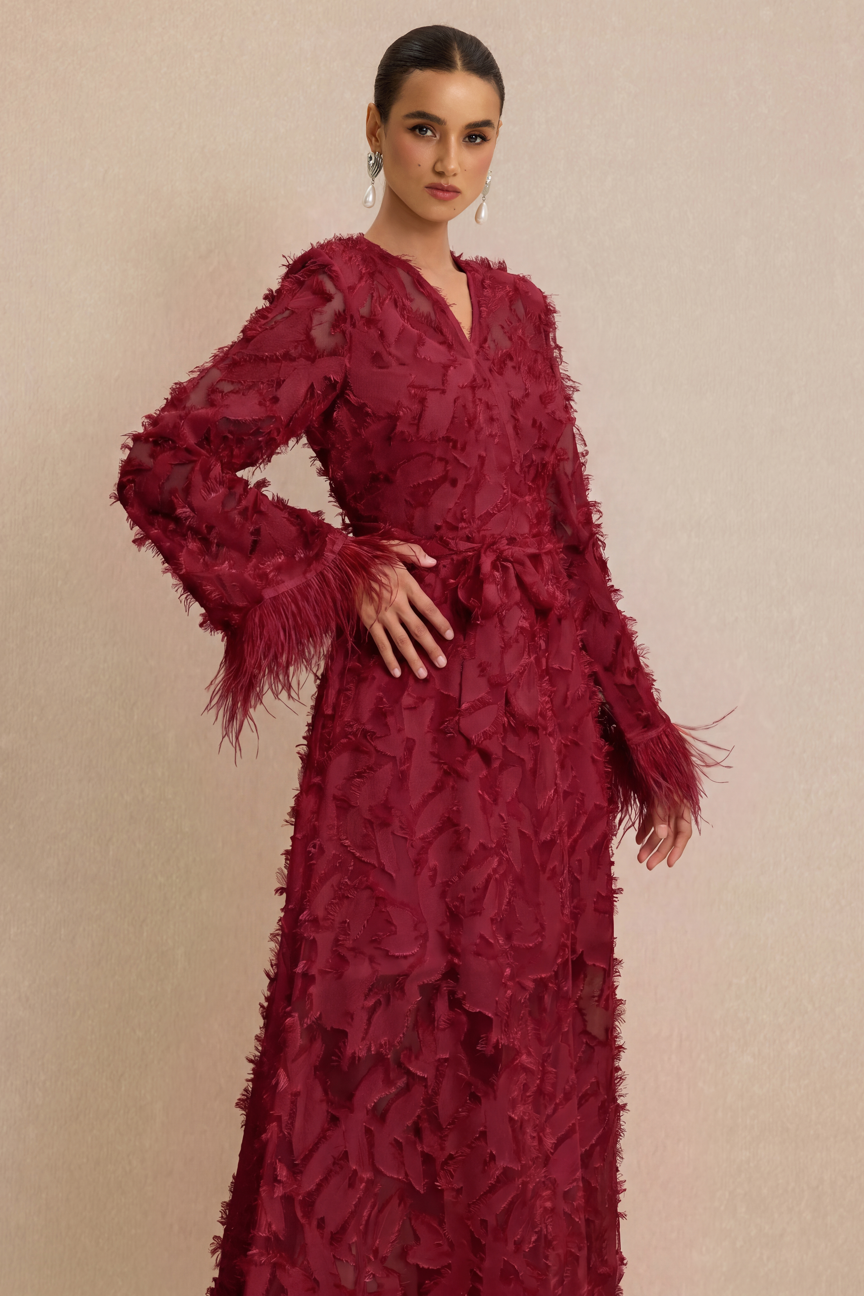 Jacquard Bell Sleeve Feather Midi Dress