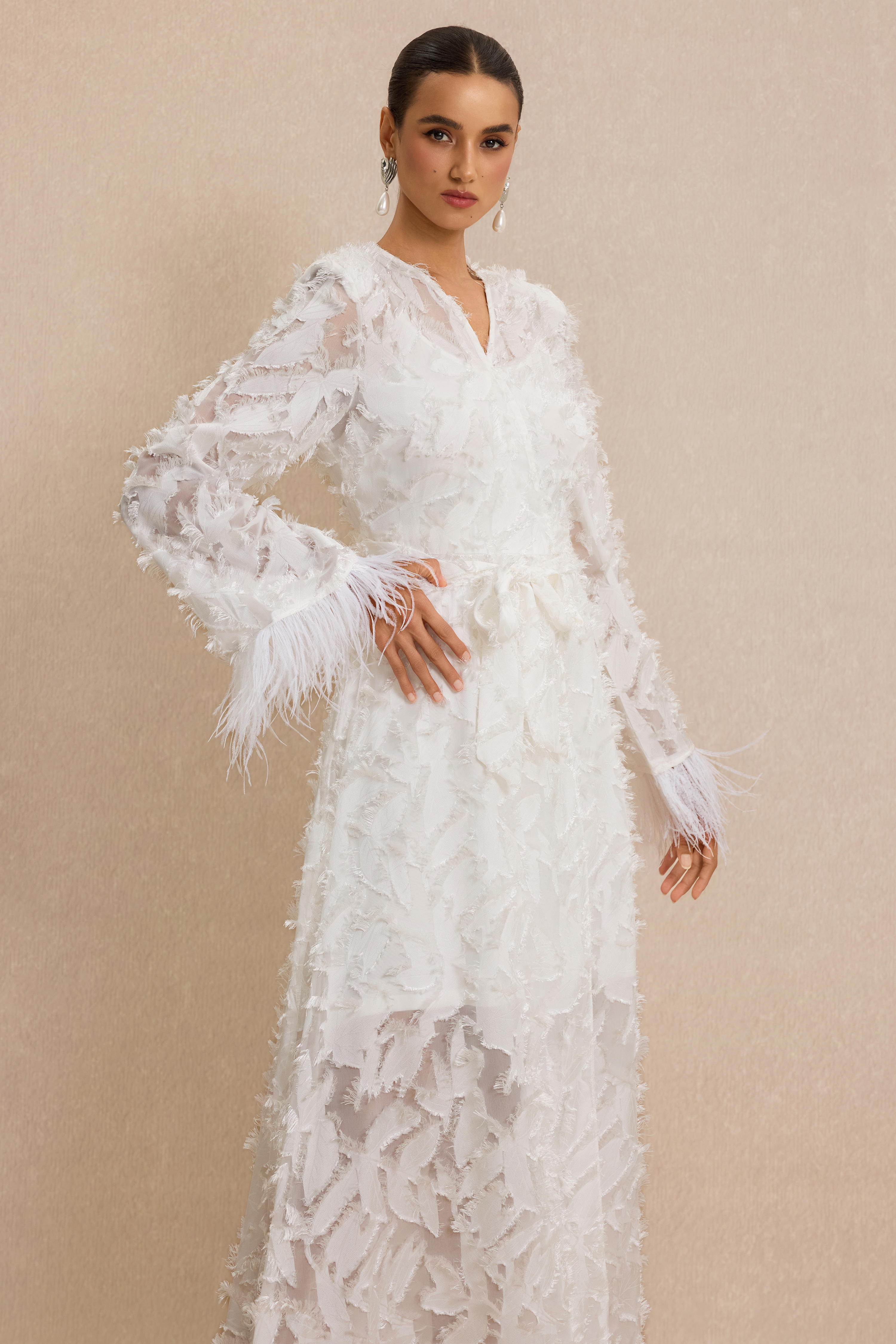 Jacquard Bell Sleeve Feather Midi Dress