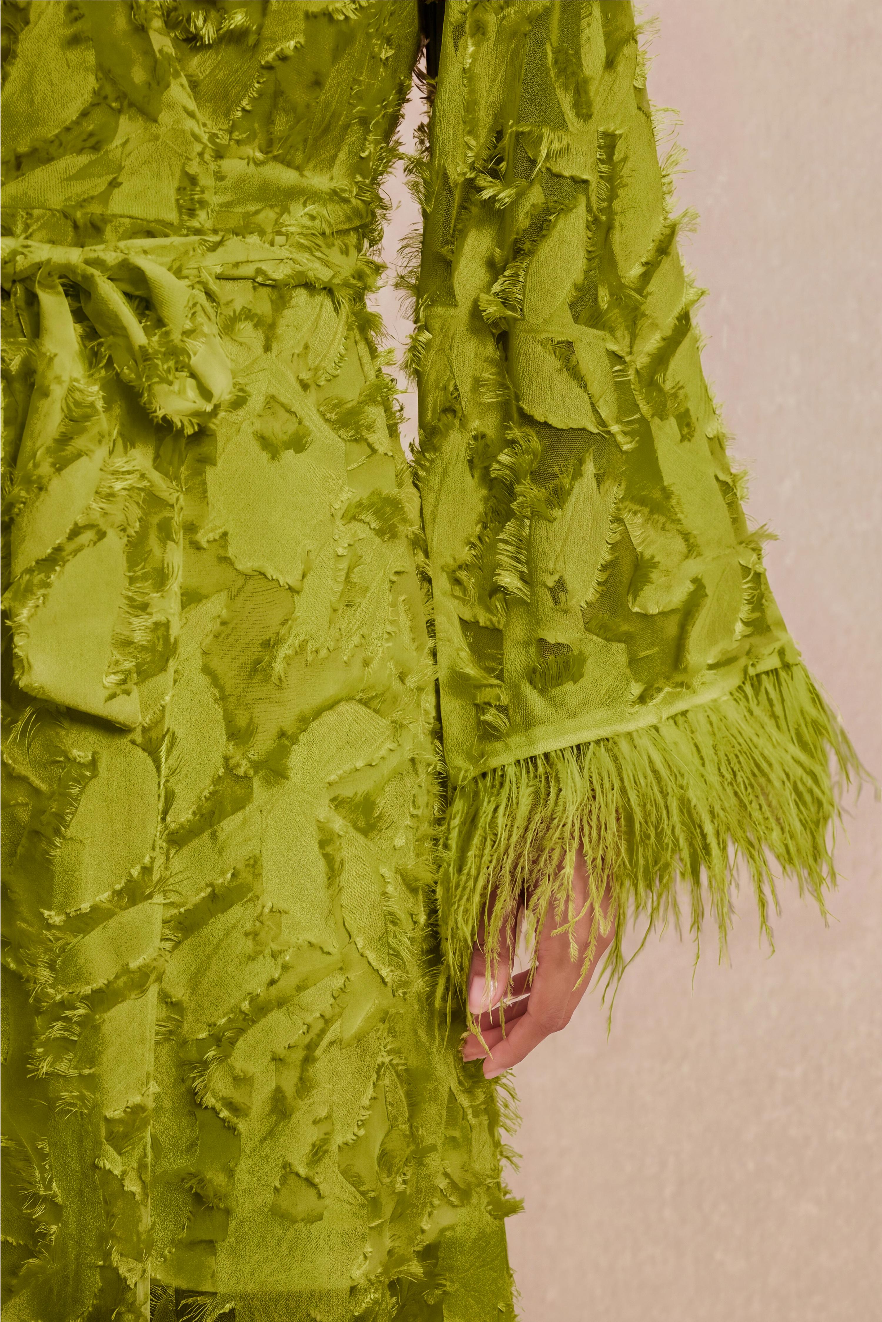 Jacquard Bell Sleeve Feather Midi Dress