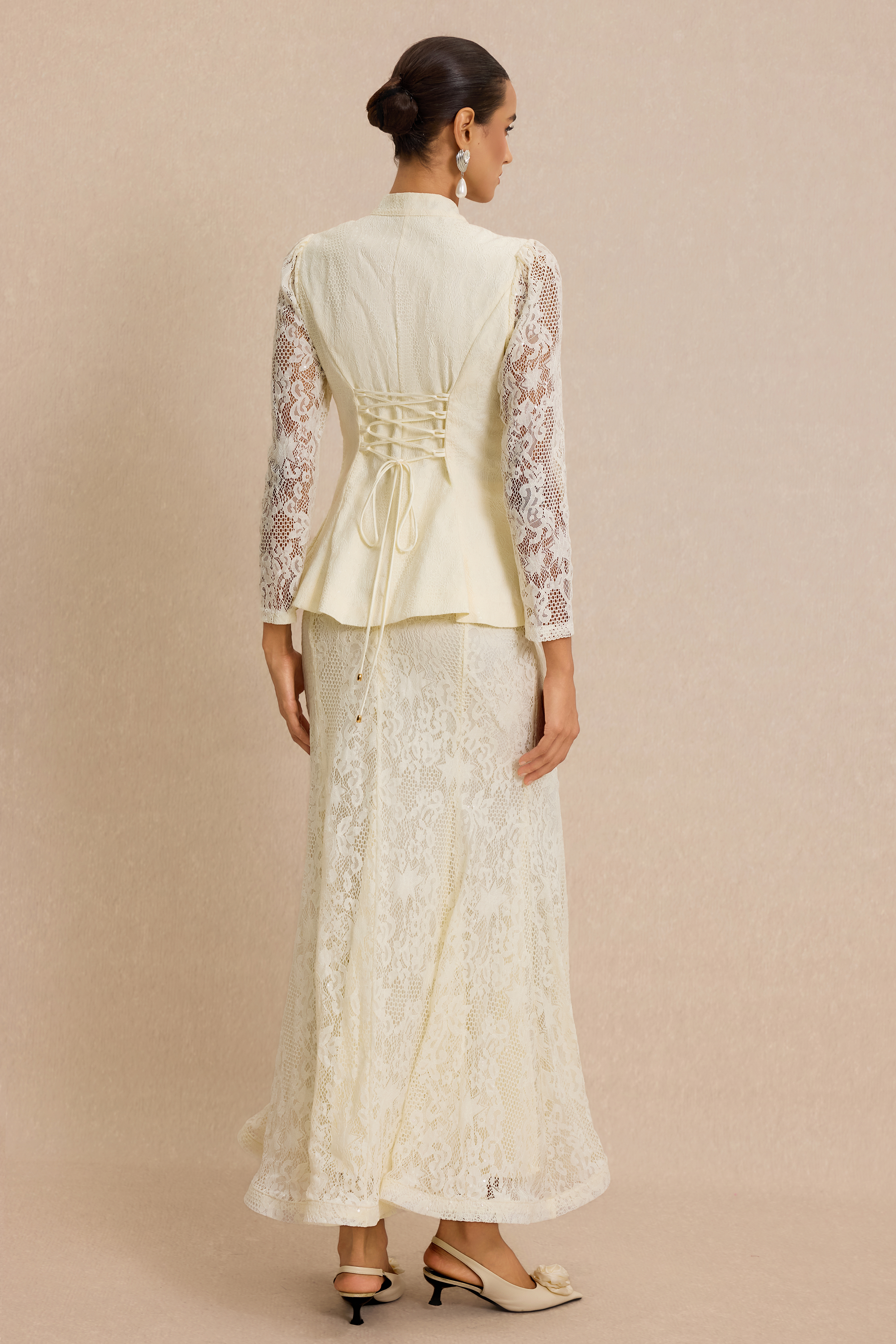 Lace Nail Bead Embroidery Top & Midi Skirt Set