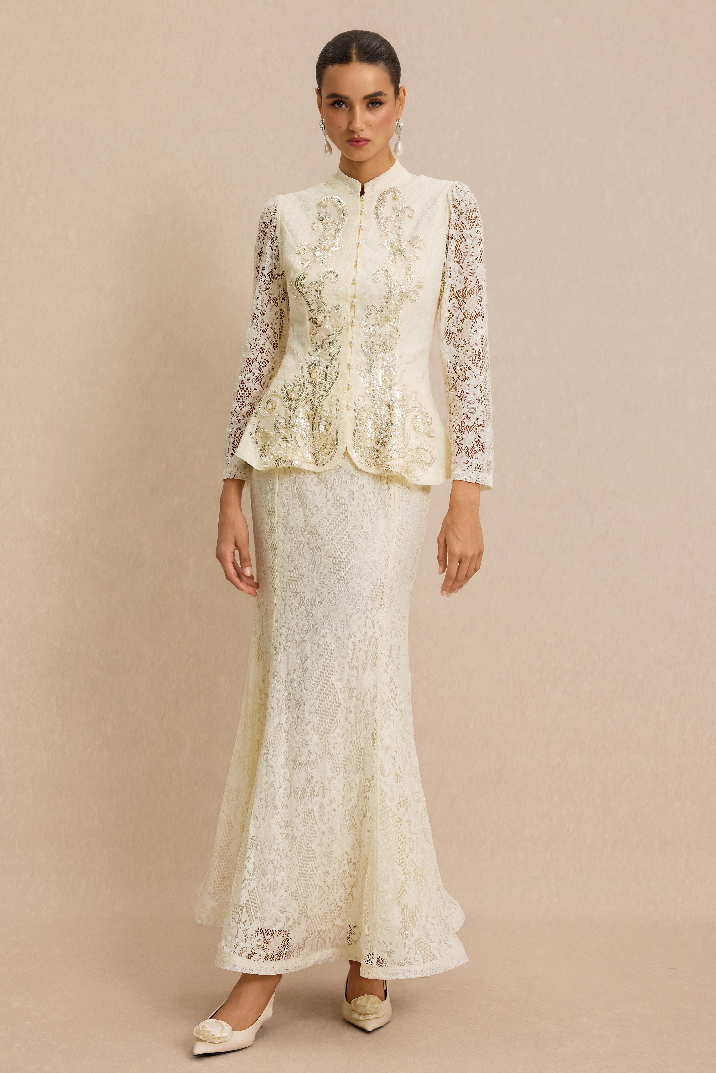 Lace Nail Bead Embroidery Top & Midi Skirt Set
