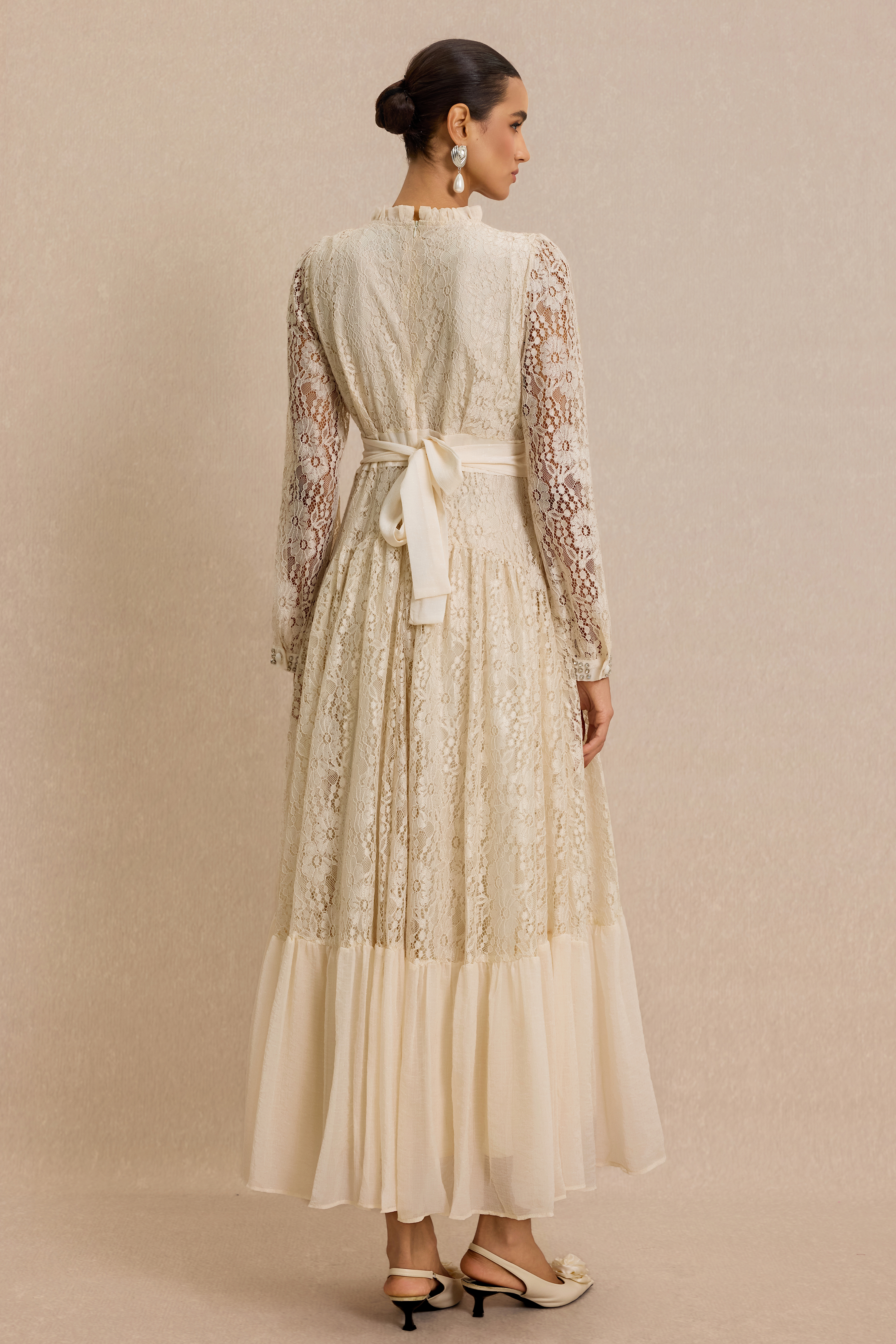 Lace 3D Flower Rhinestone Rivets Midi Dress