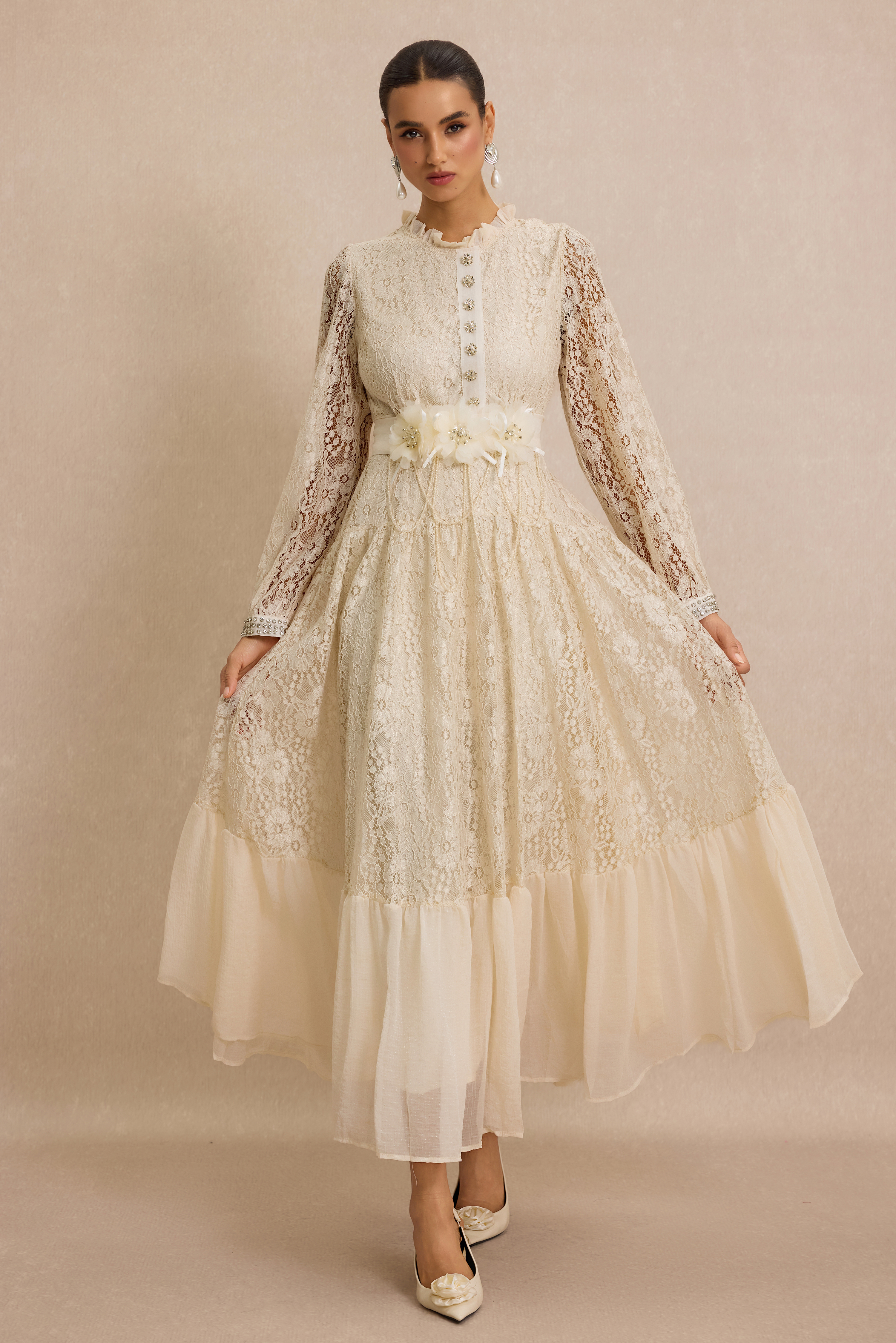 Lace 3D Flower Rhinestone Rivets Midi Dress