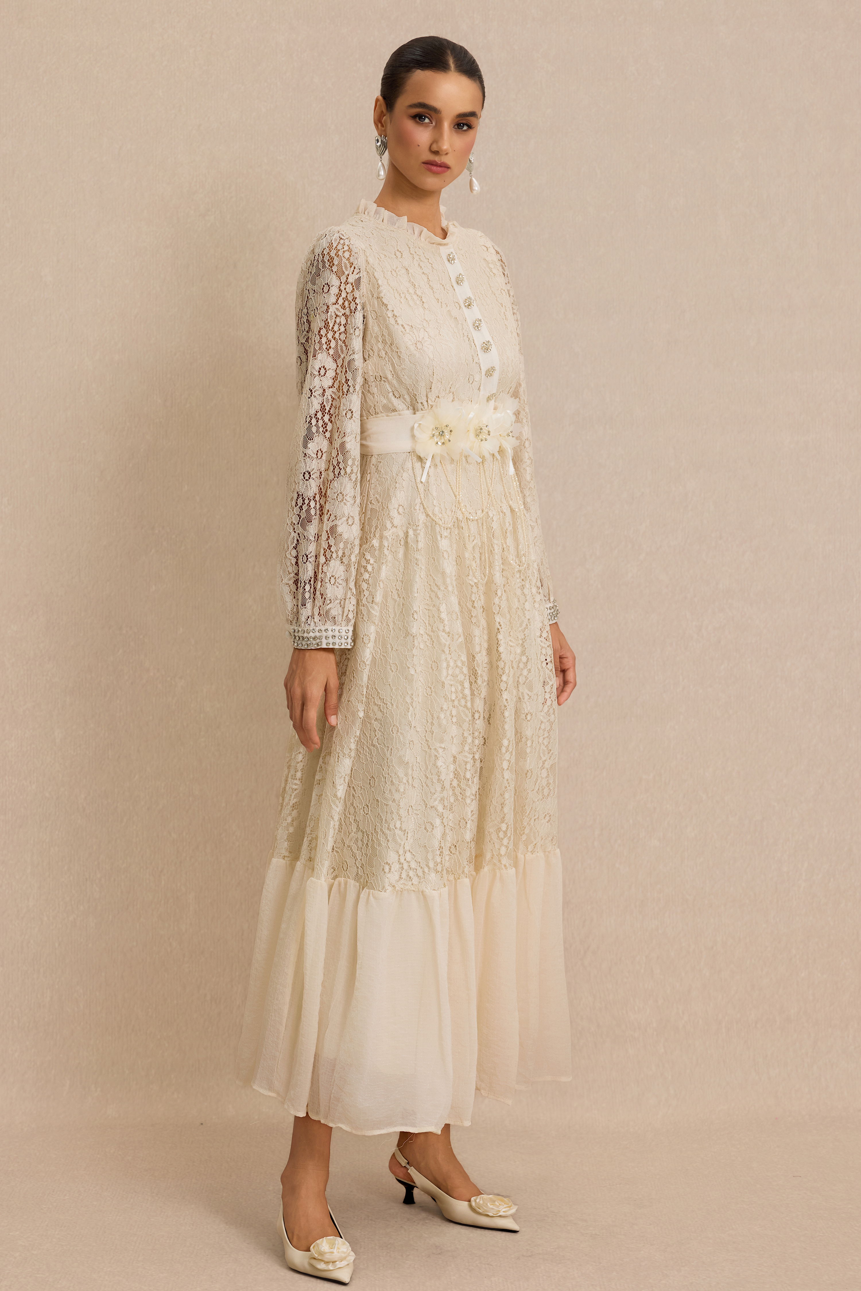 Lace 3D Flower Rhinestone Rivets Midi Dress