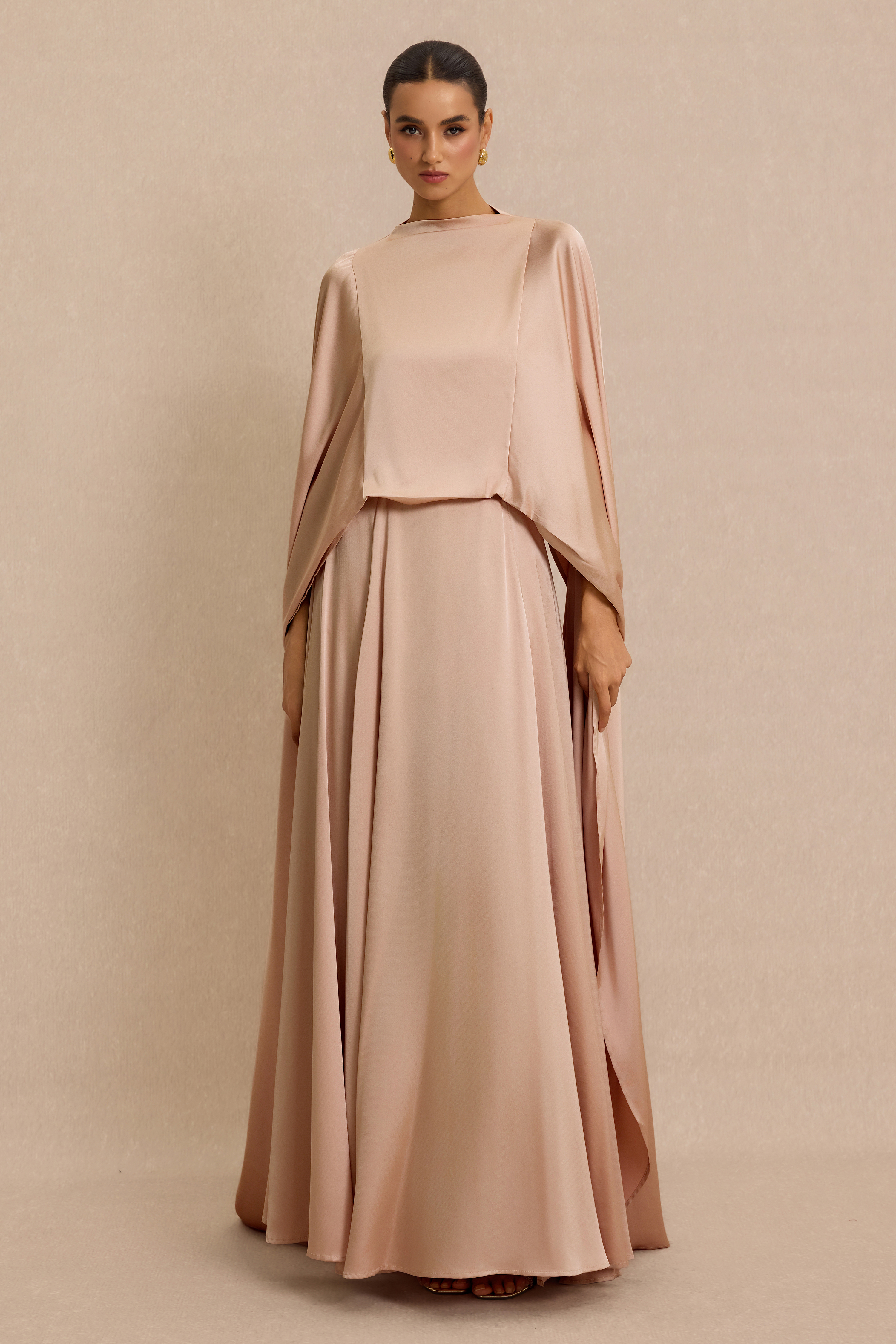 Satin Top & Maxi Dress Set With Cape