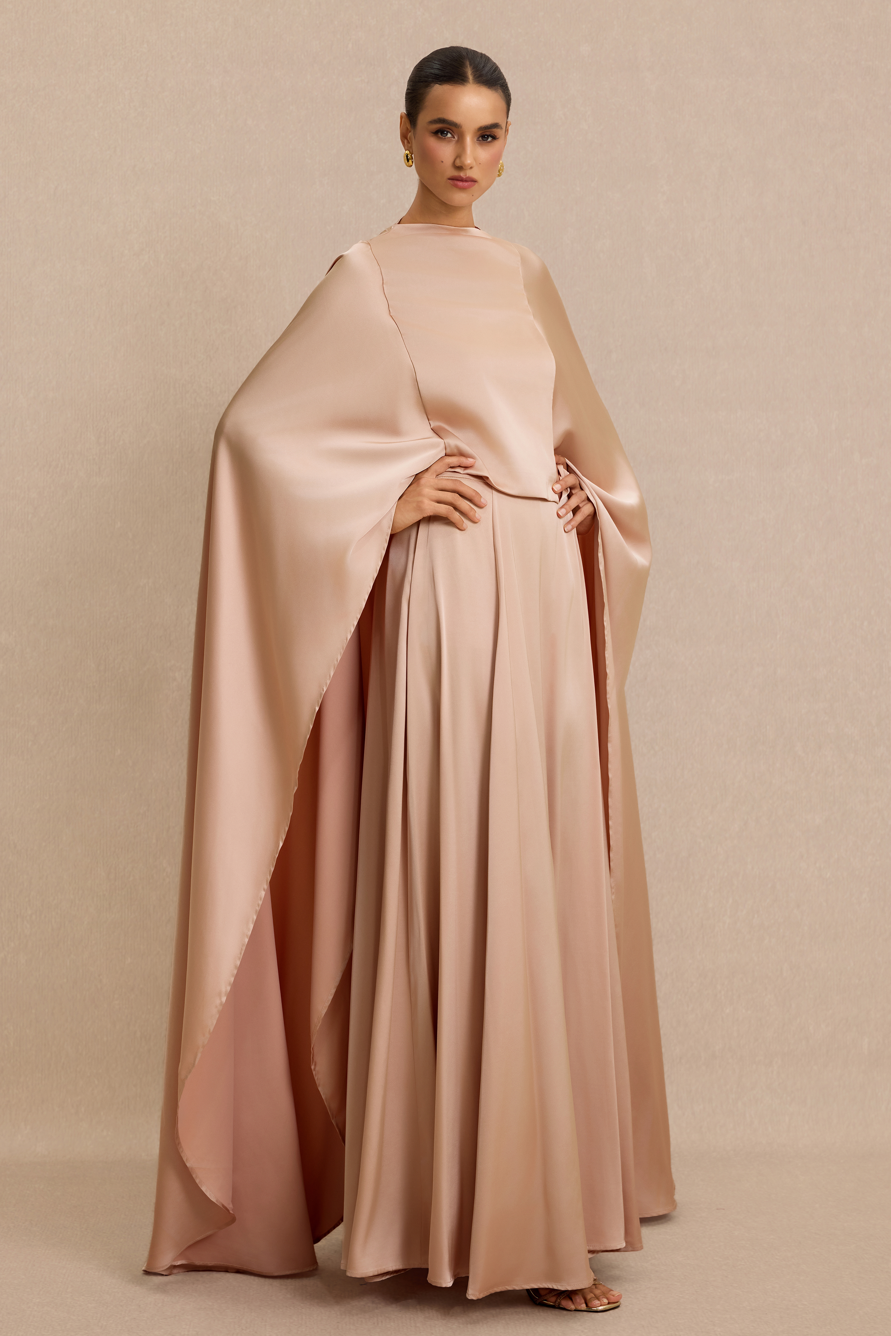Satin Top & Maxi Dress Set With Cape