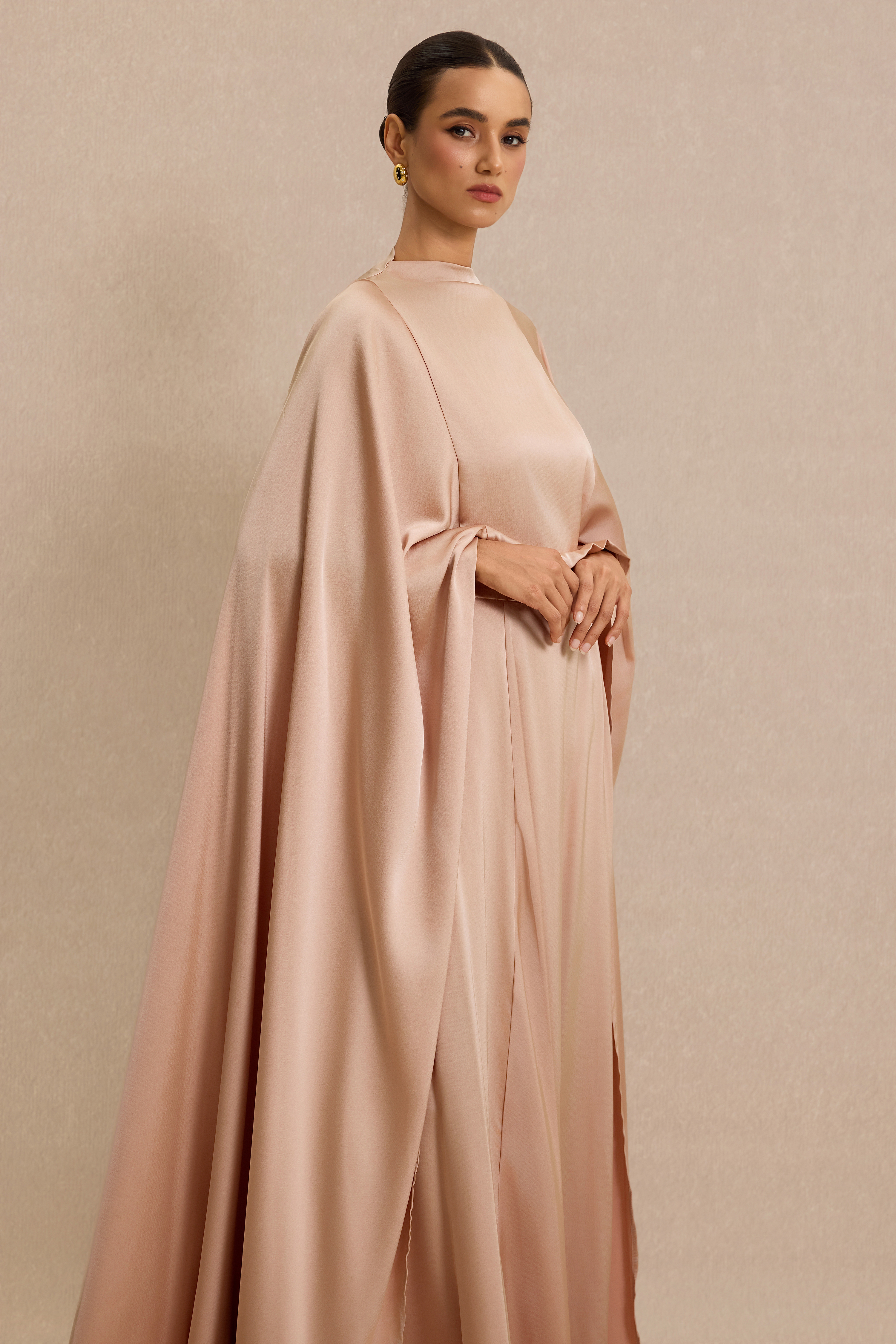 Satin Top & Maxi Dress Set With Cape