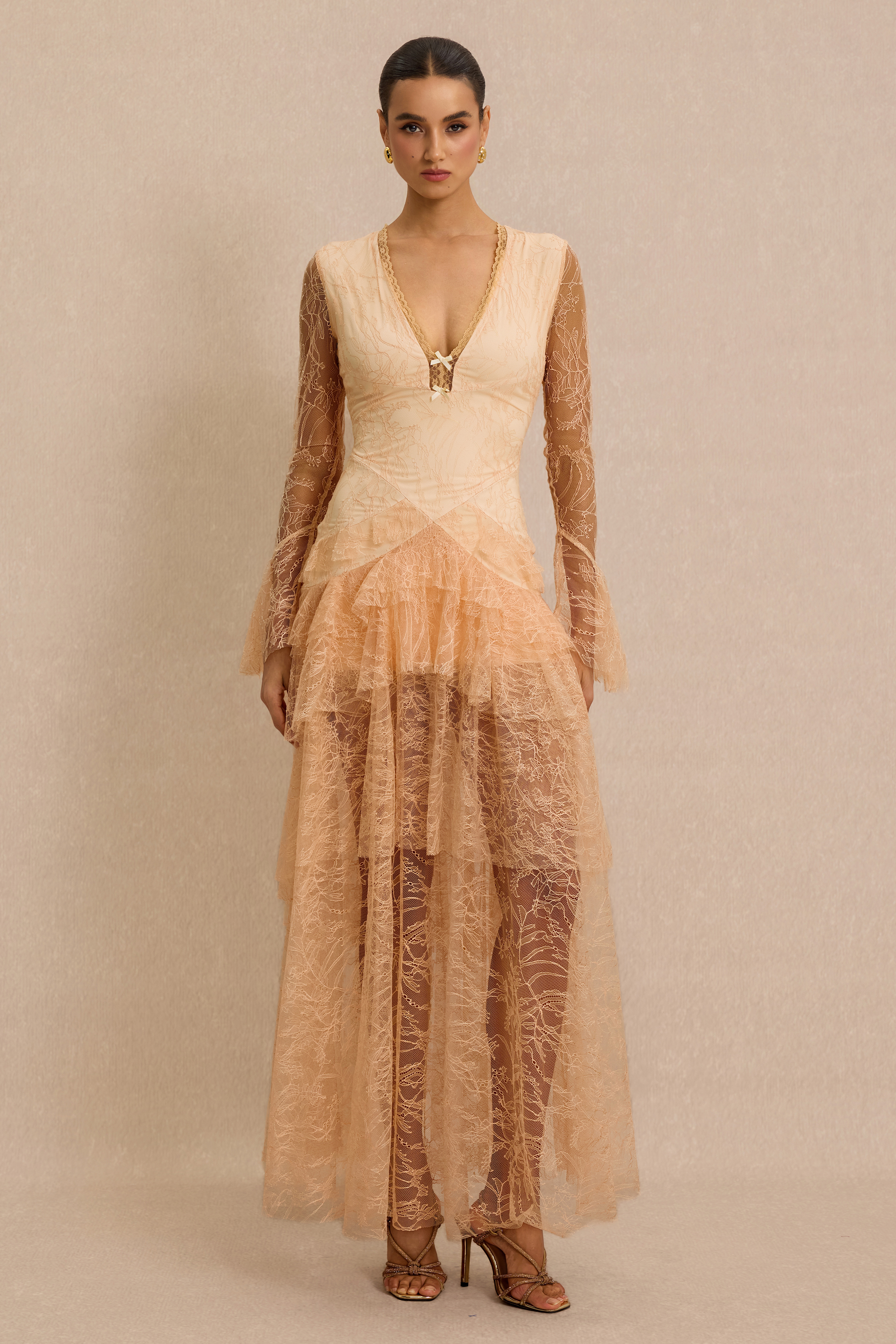 Lace Ruffle Bell Sleeve Maxi Dress