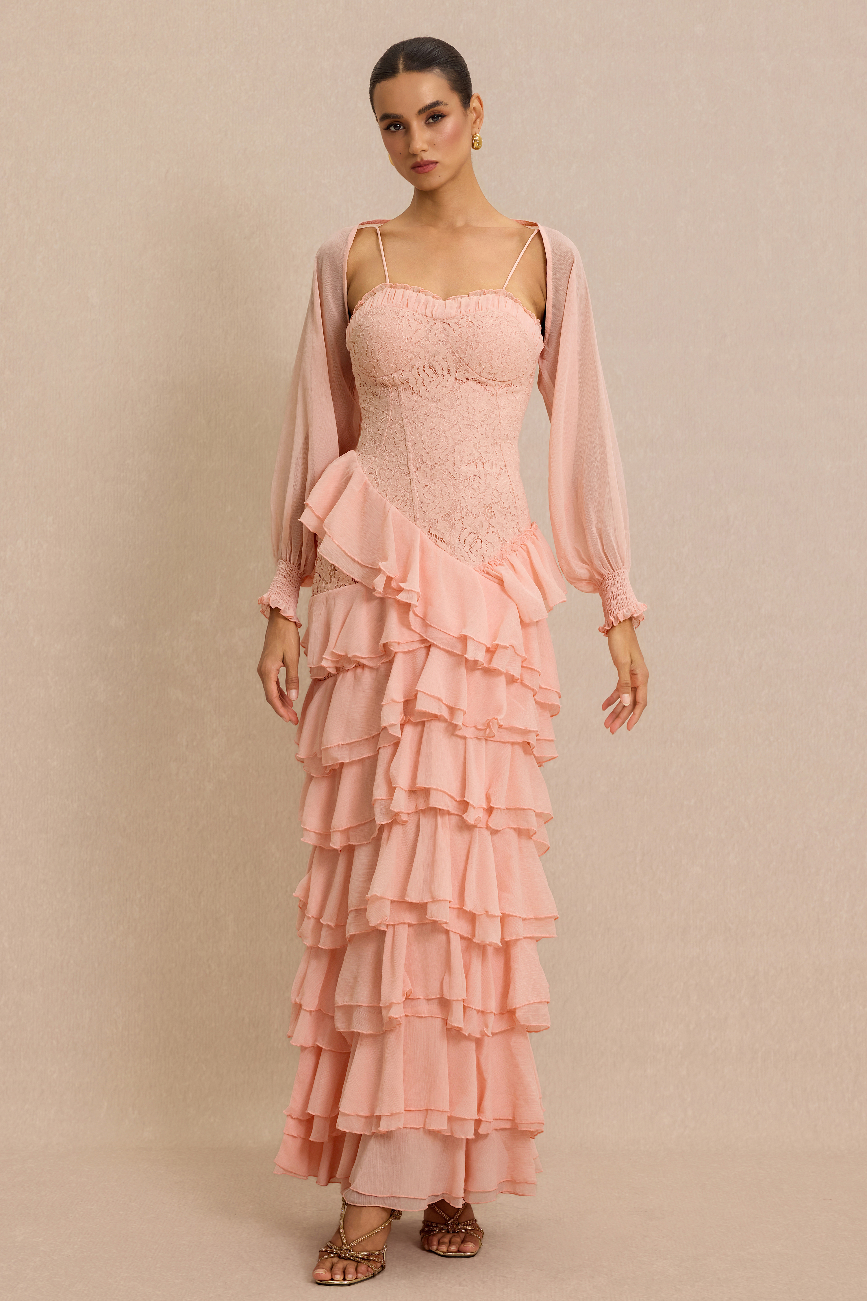 Lace Ruffle Sweetheart Neck Maxi Dress