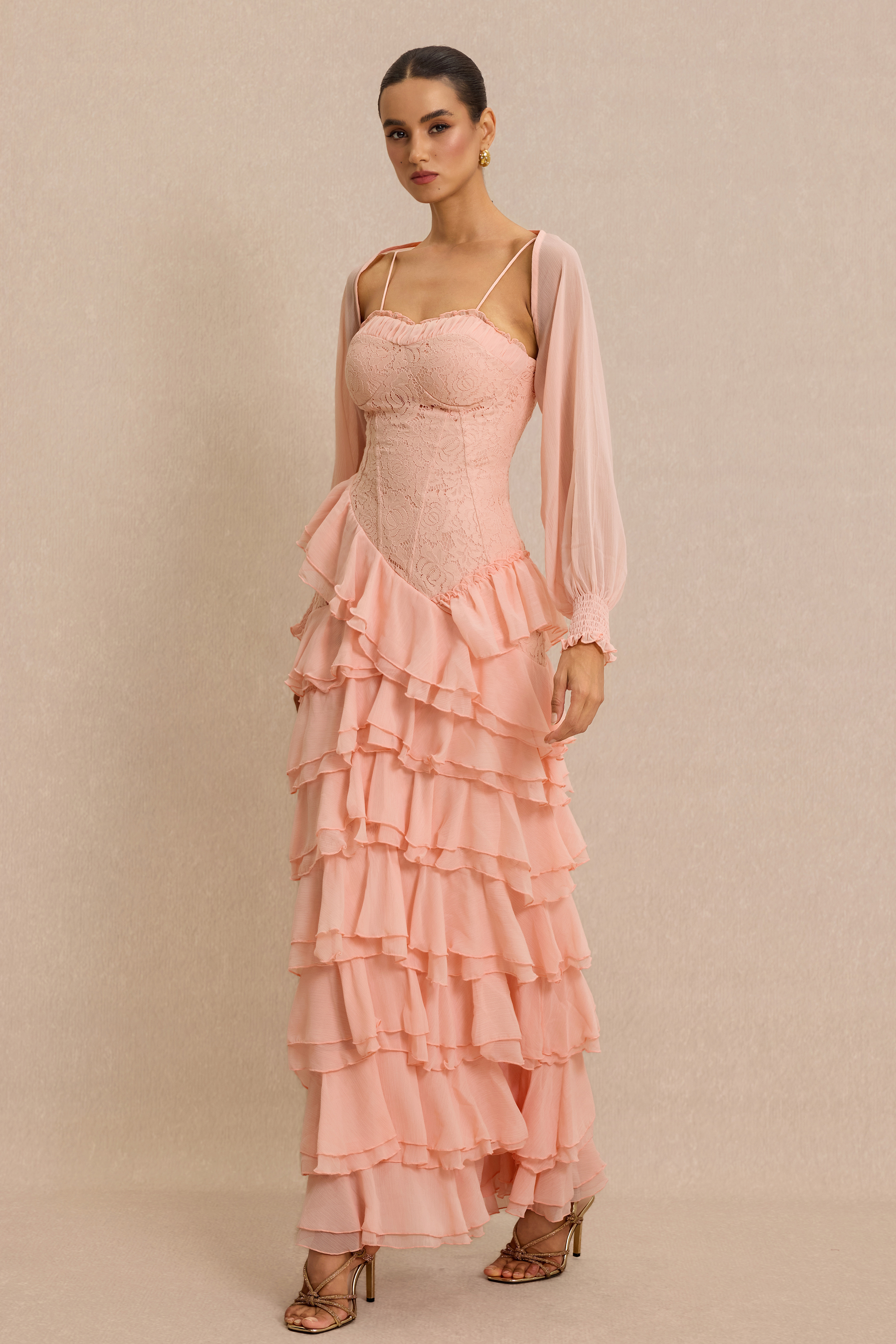 Lace Ruffle Sweetheart Neck Maxi Dress