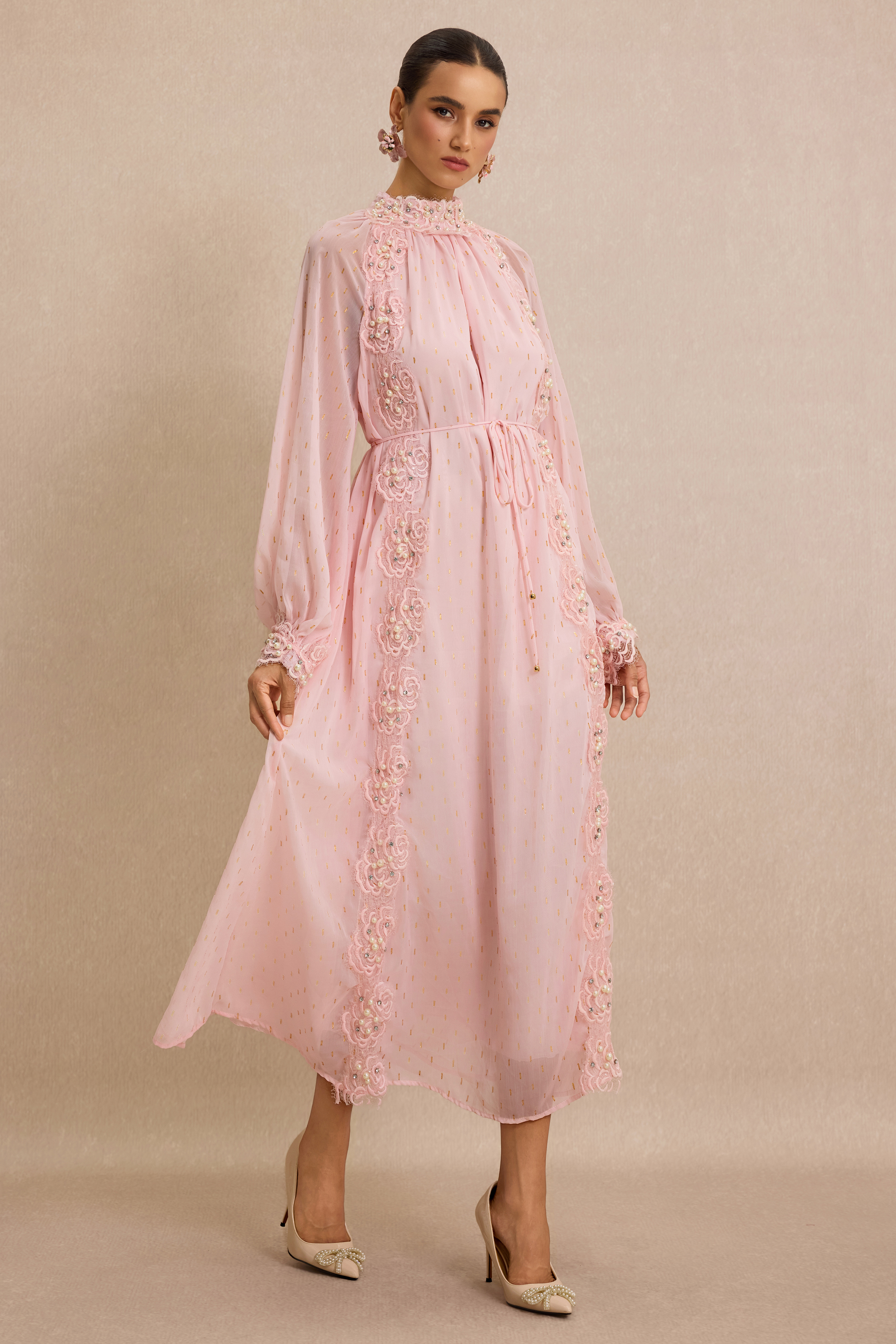 Luxury Embroidered Faux Pearl Maxi Dress