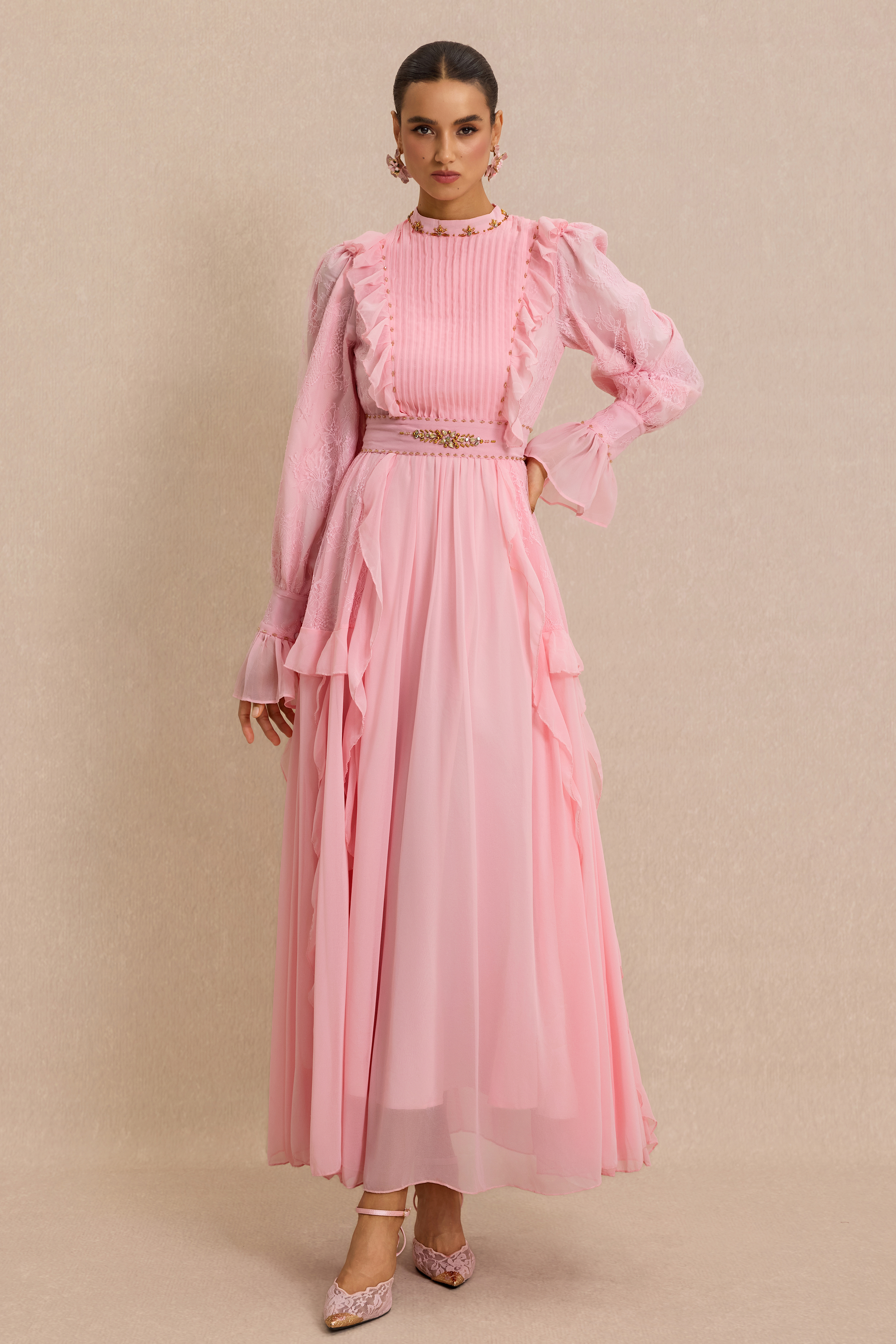 Beaded Frill Midi Dress With Belt – JardinVue