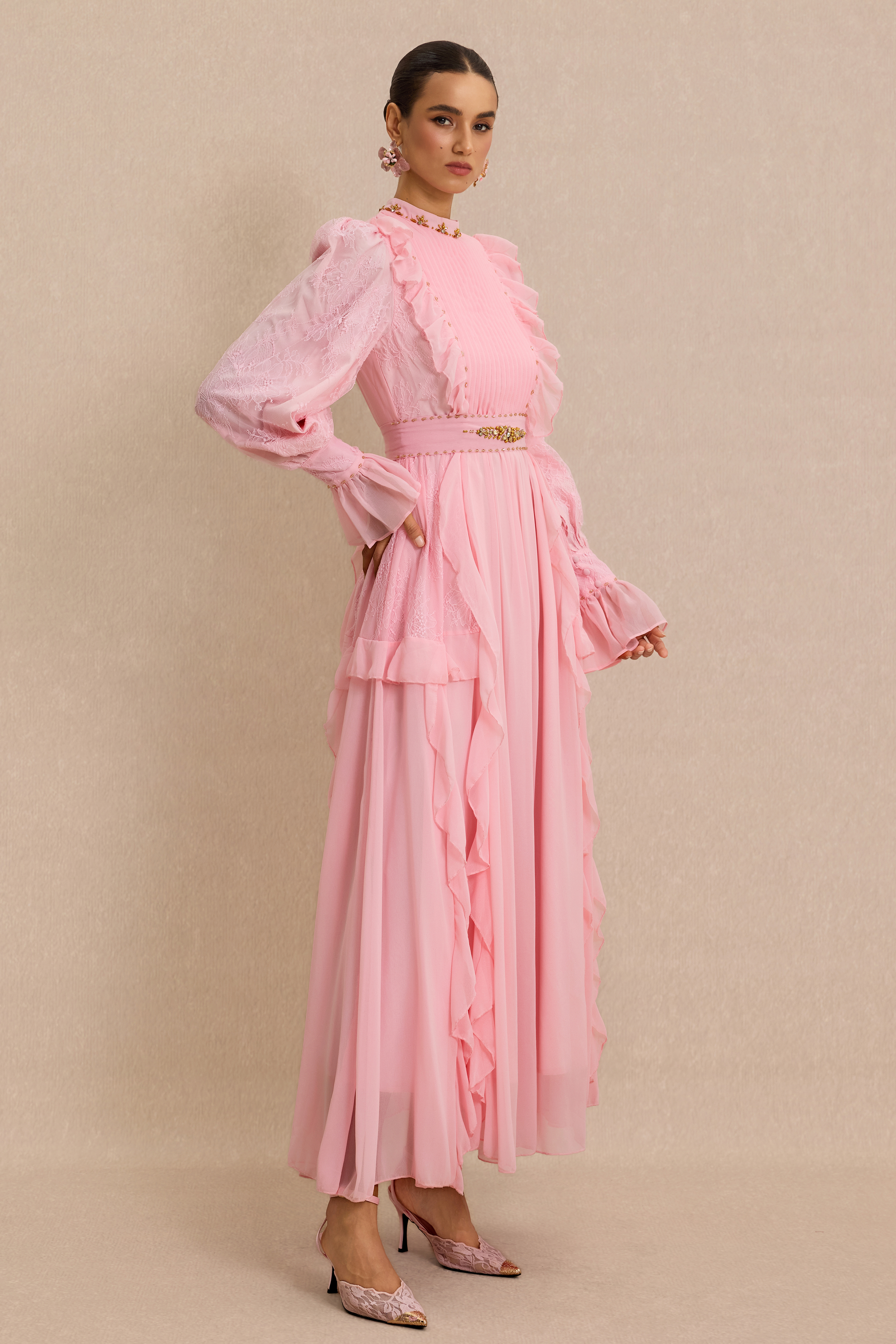 Beaded Frill Midi Dress With Belt