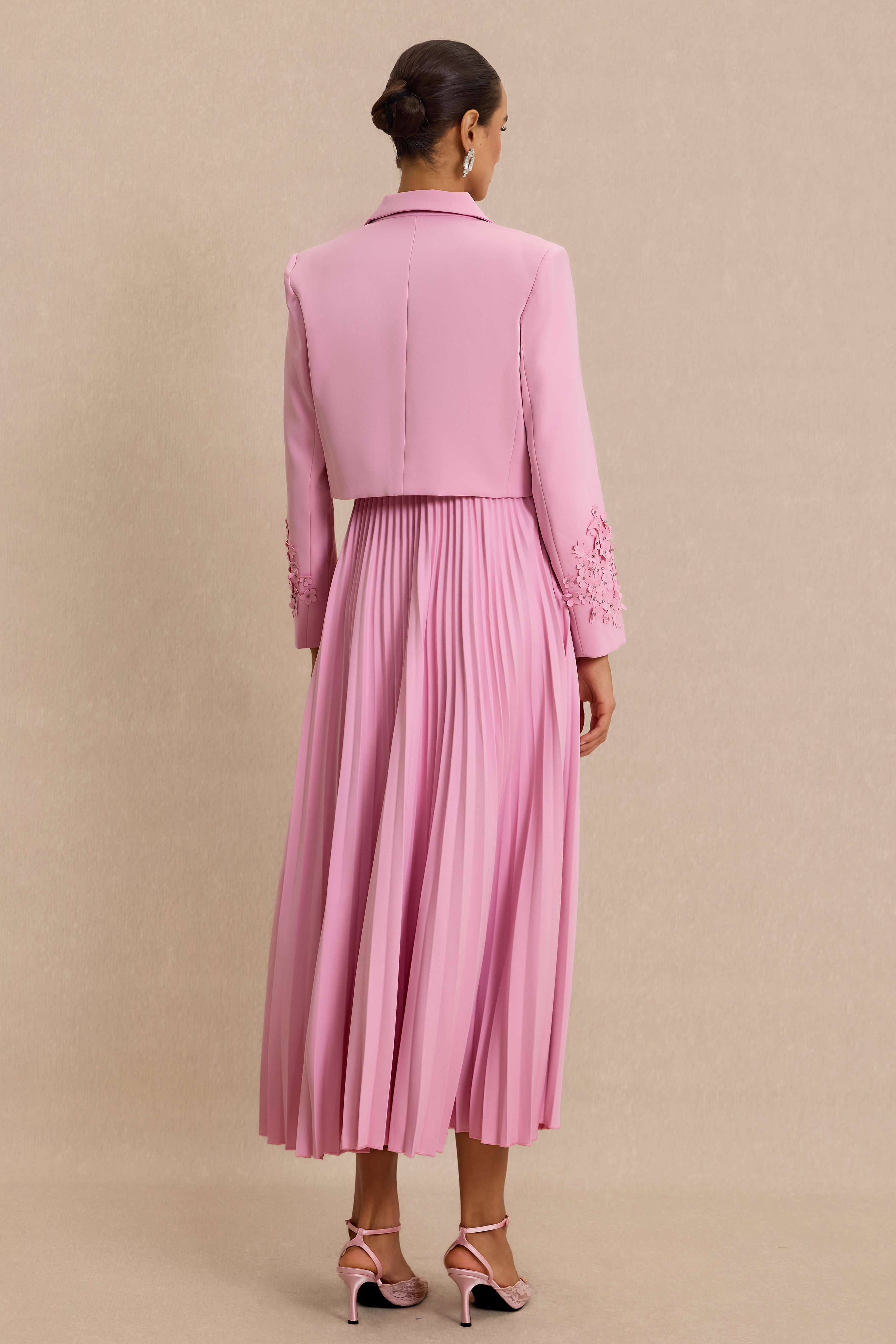 Flapped 3D Flower Blazer & Slip Midi Dress Set