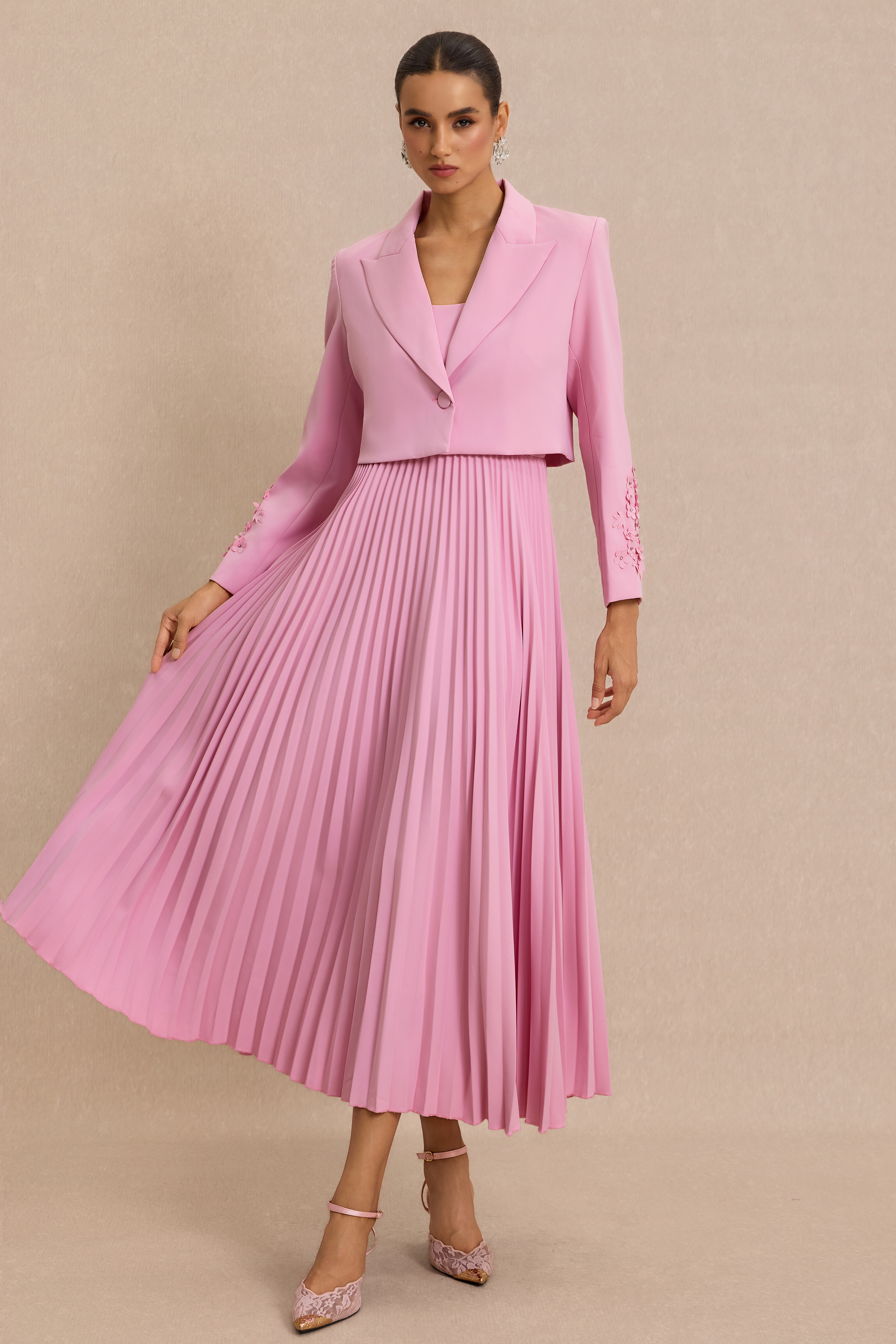 Flapped 3D Flower Blazer & Slip Midi Dress Set