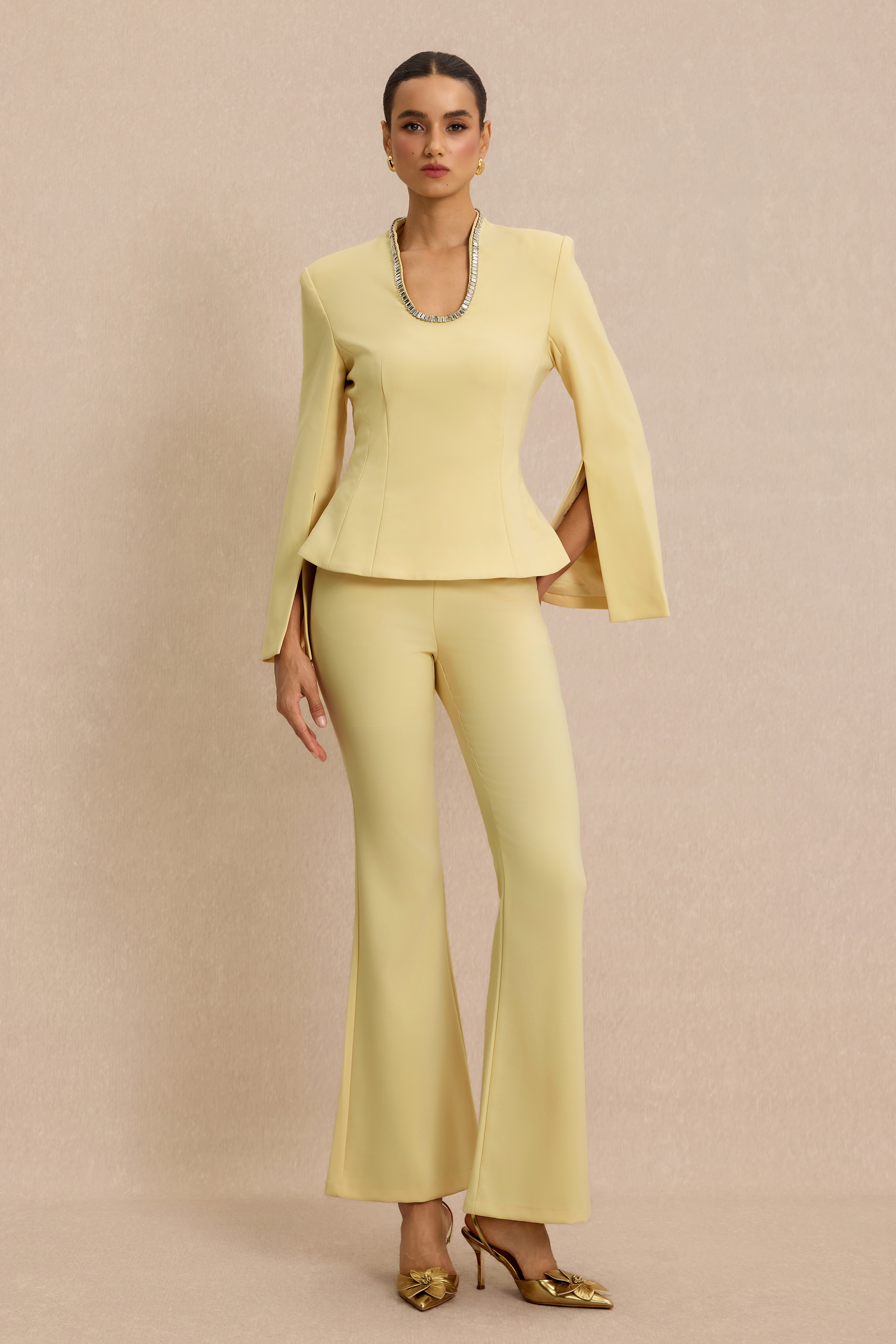 U-Neck Rhinestone Top & High Waist Pants Set