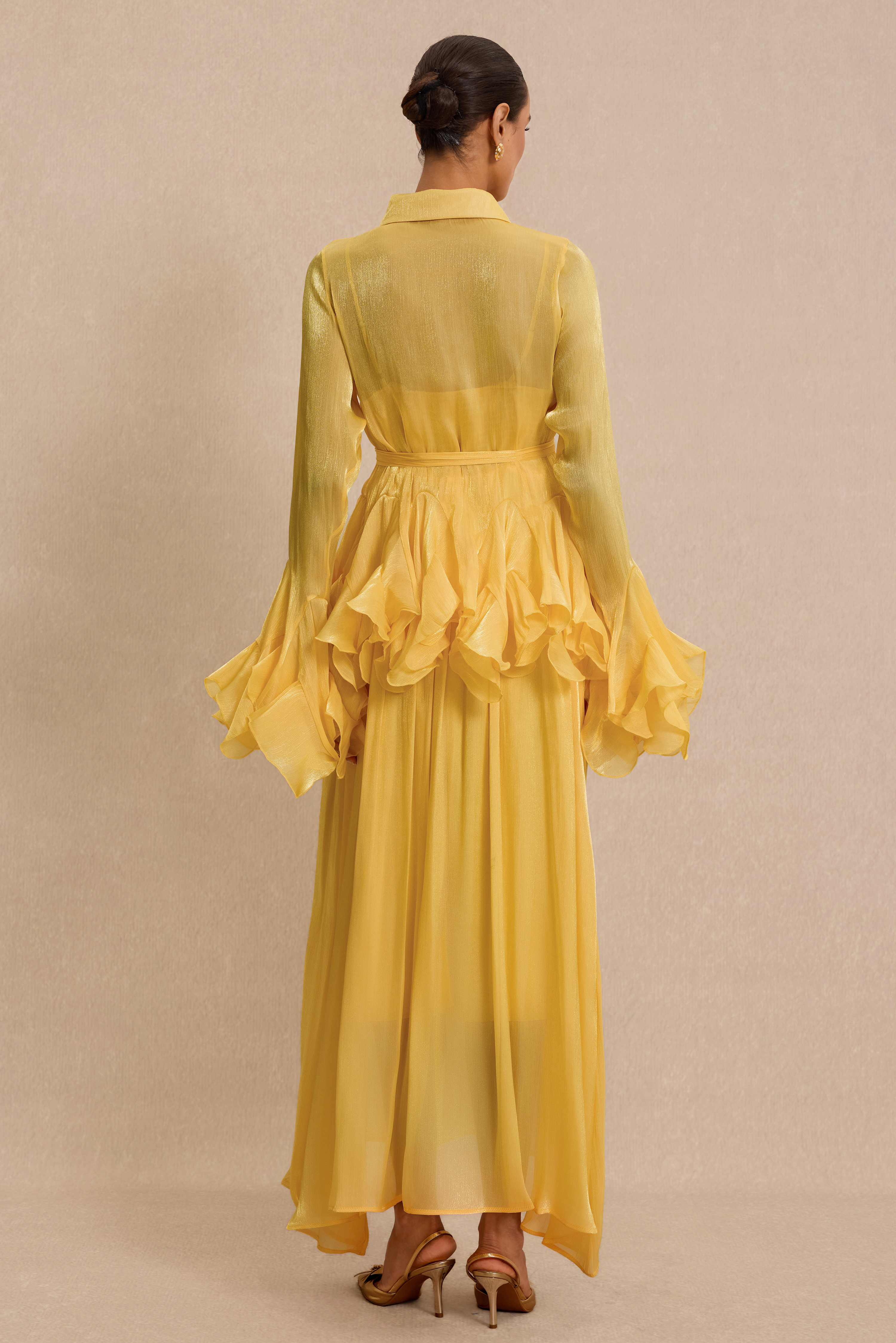 Shirt Collar Ruffle Blouse & Slip Midi Dress Set
