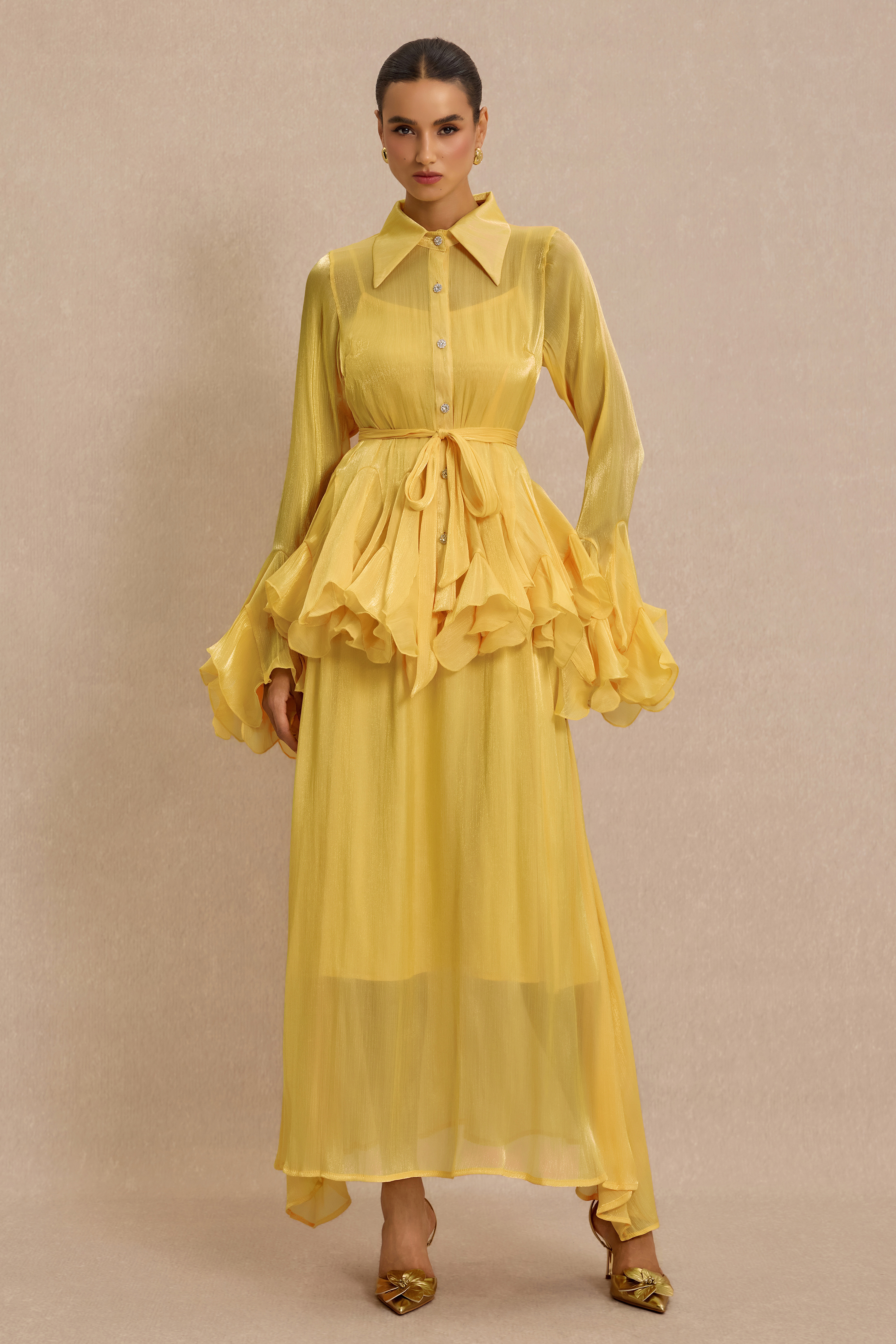 Shirt Collar Ruffle Blouse & Slip Midi Dress Set