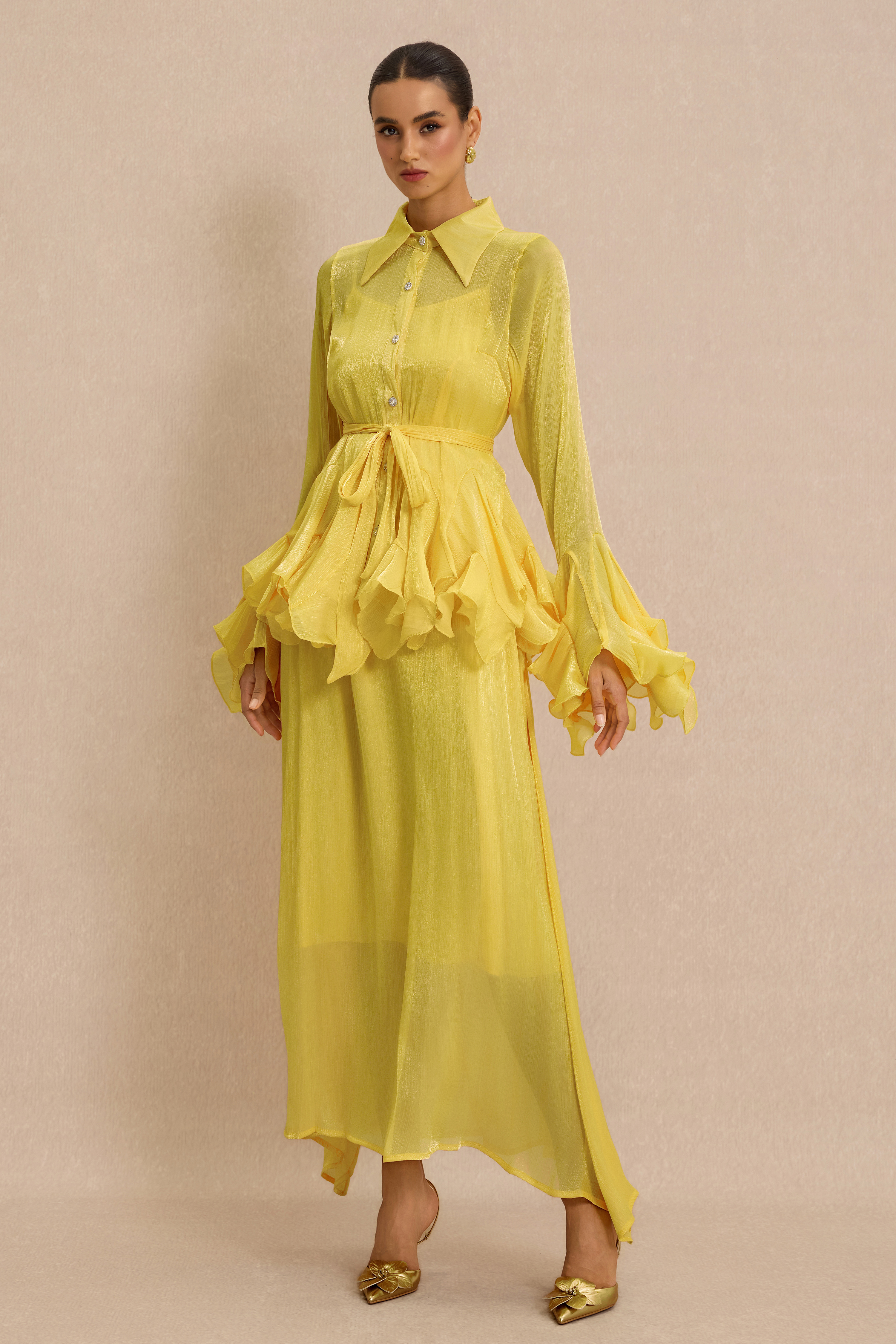 Shirt Collar Ruffle Blouse & Slip Midi Dress Set