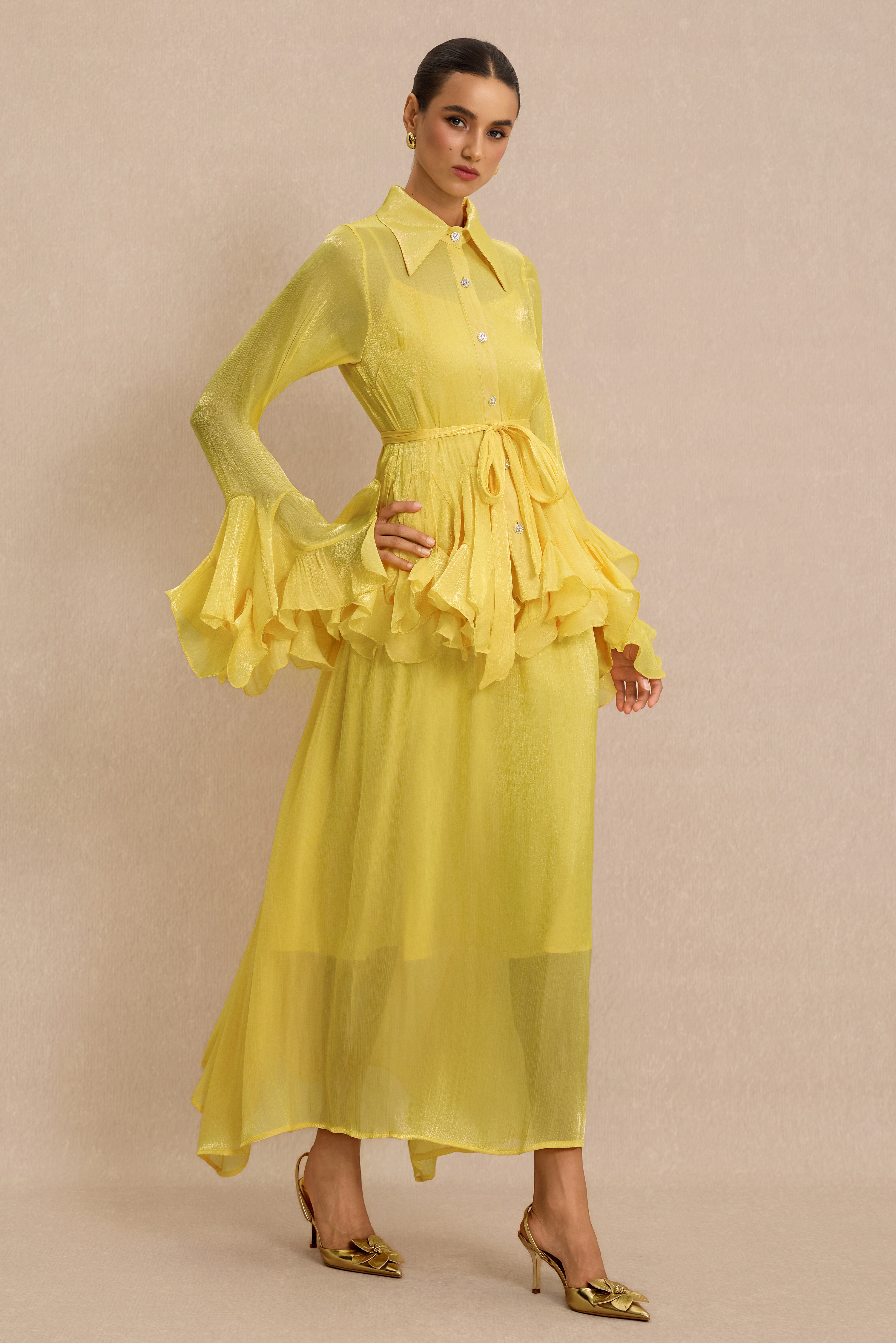 Shirt Collar Ruffle Blouse & Slip Midi Dress Set