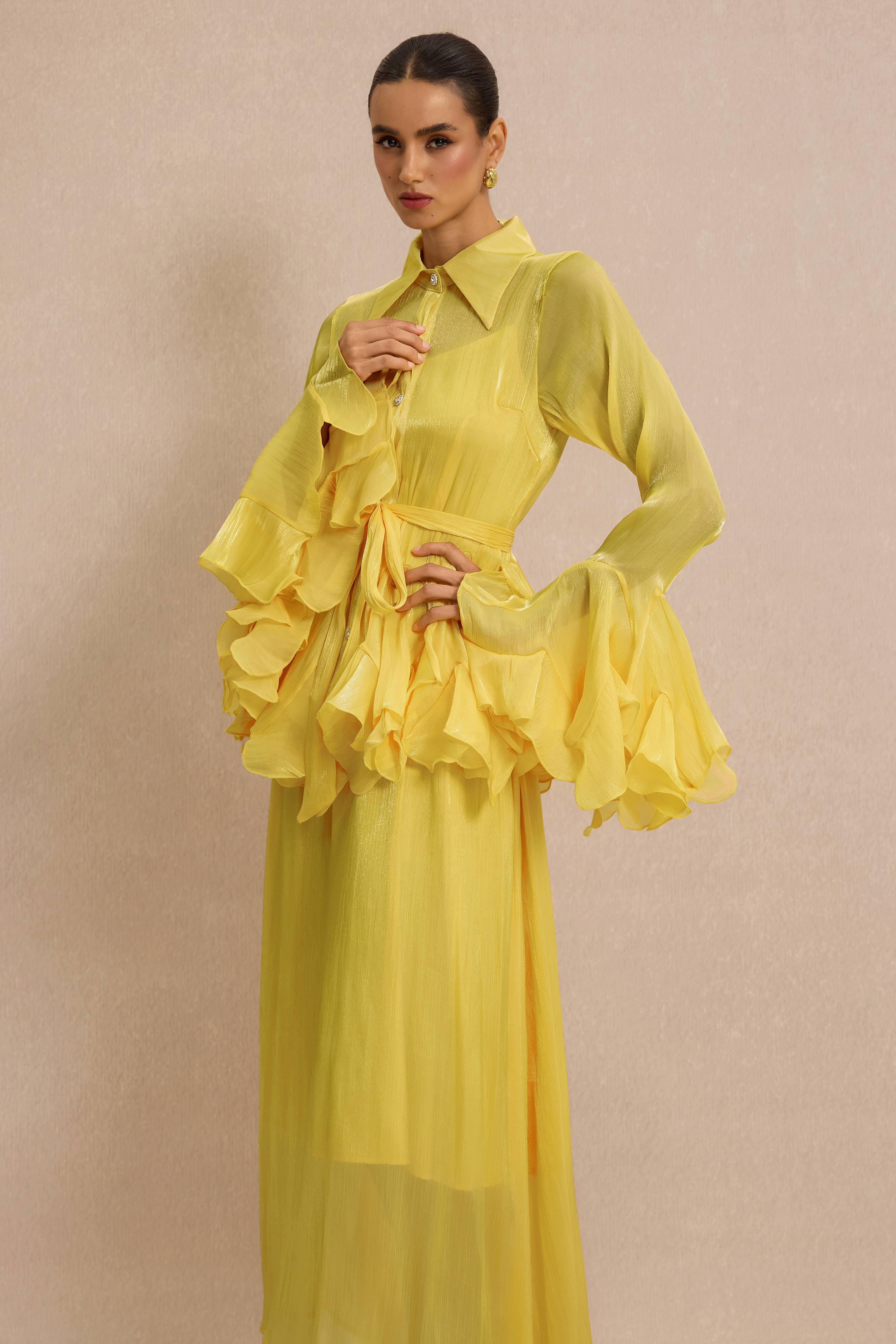 Shirt Collar Ruffle Blouse & Slip Midi Dress Set