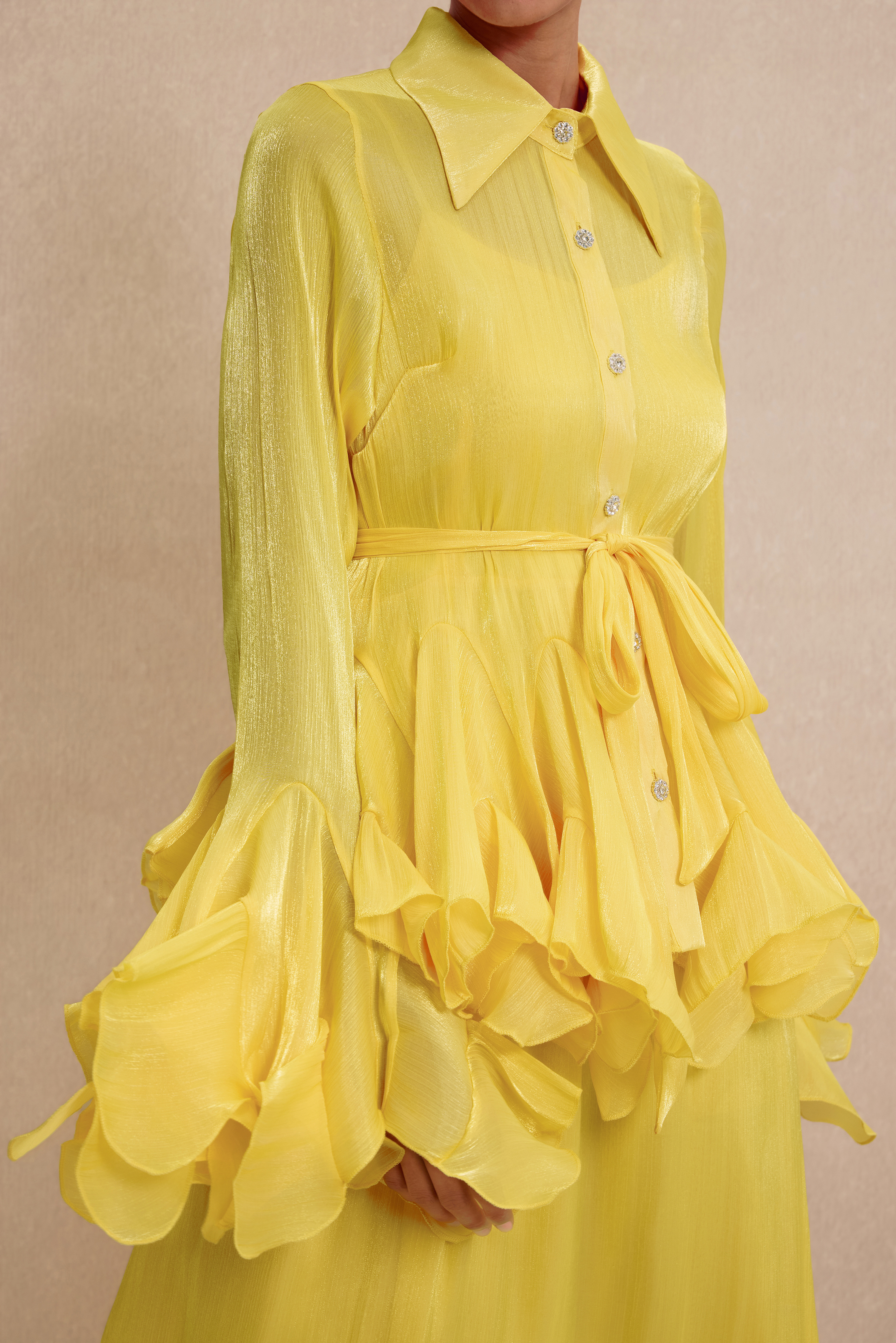Shirt Collar Ruffle Blouse & Slip Midi Dress Set