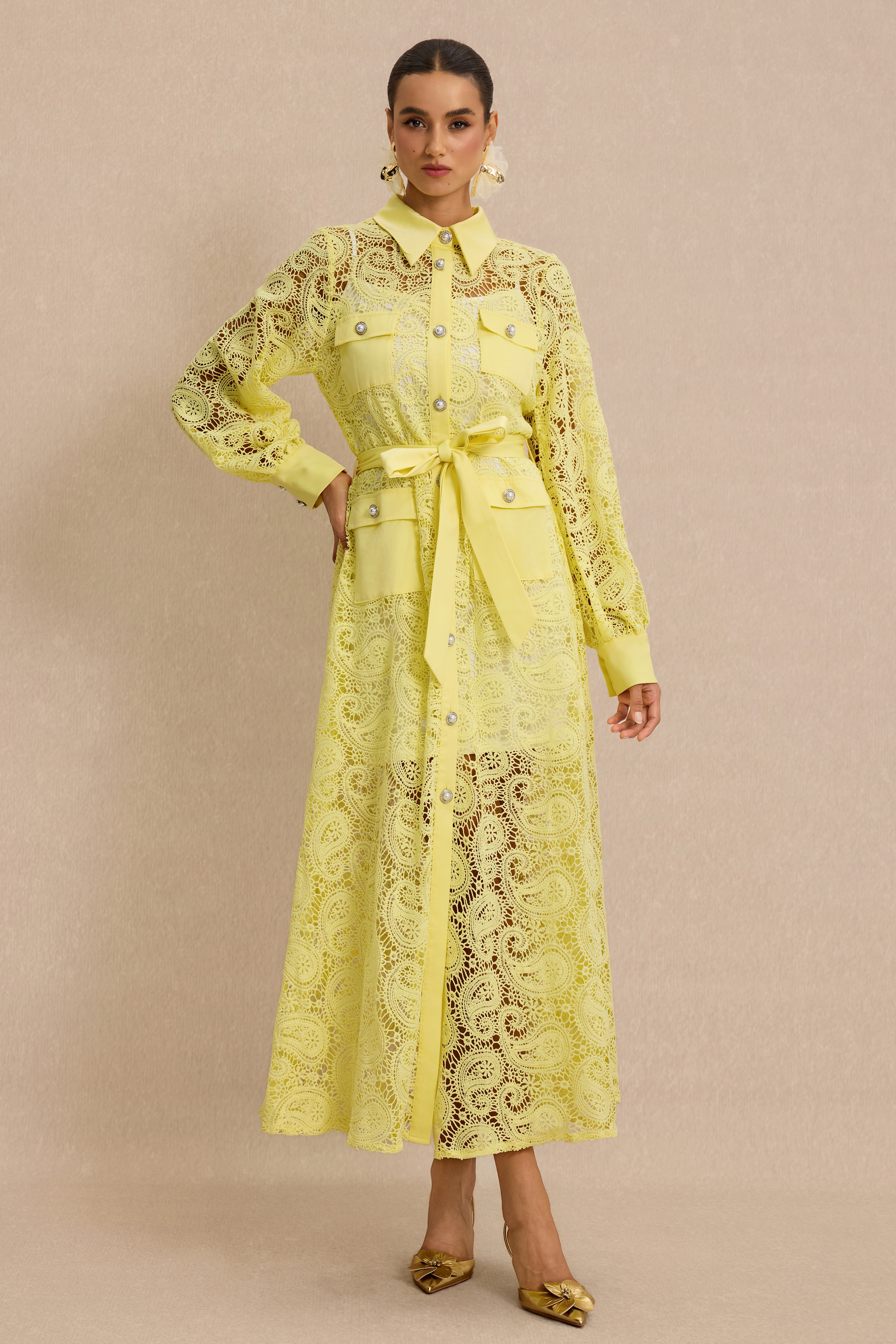 Lace Single Breasted Midi Dress With Belt