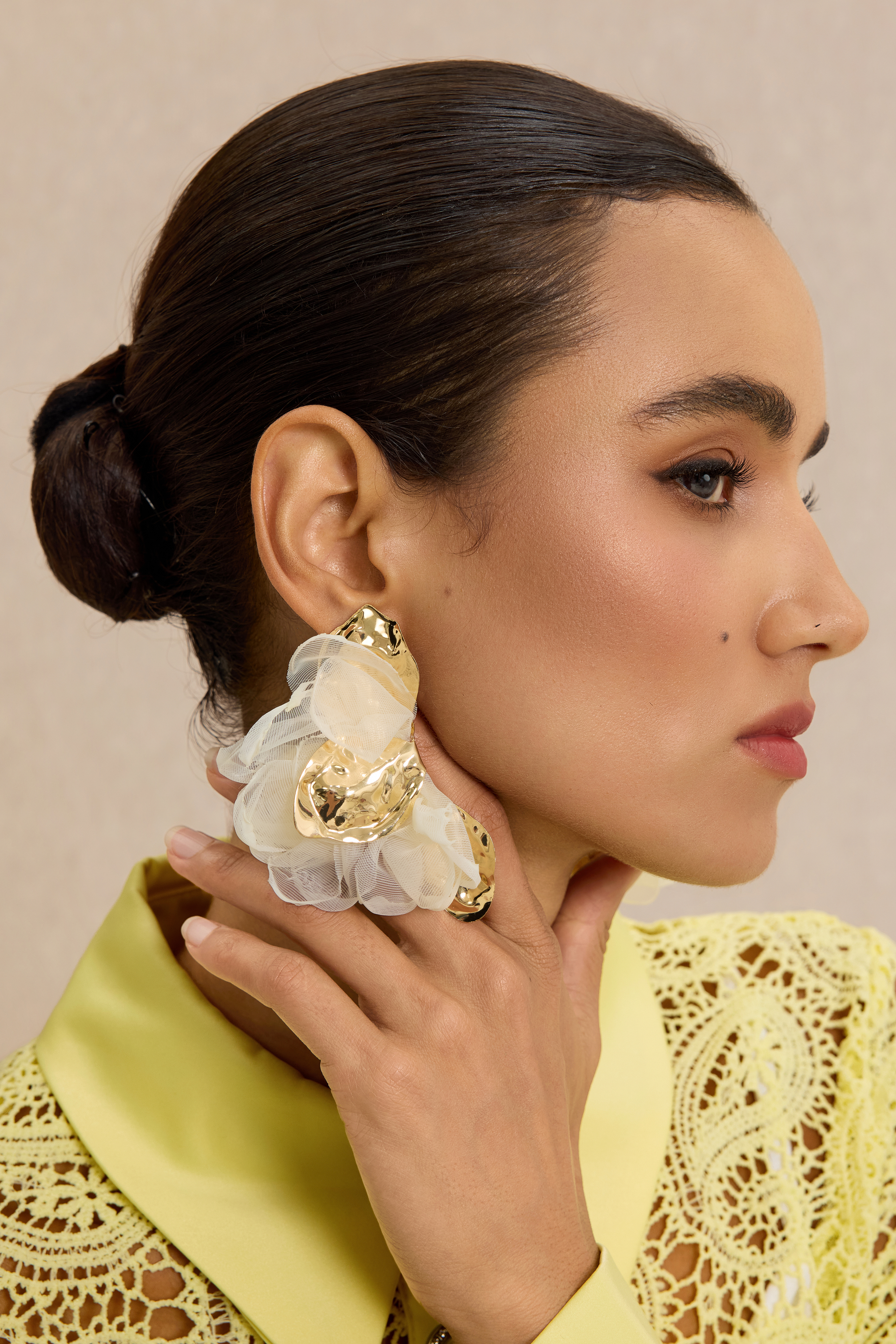 Tulle Flower Metal Petal Statement Earrings