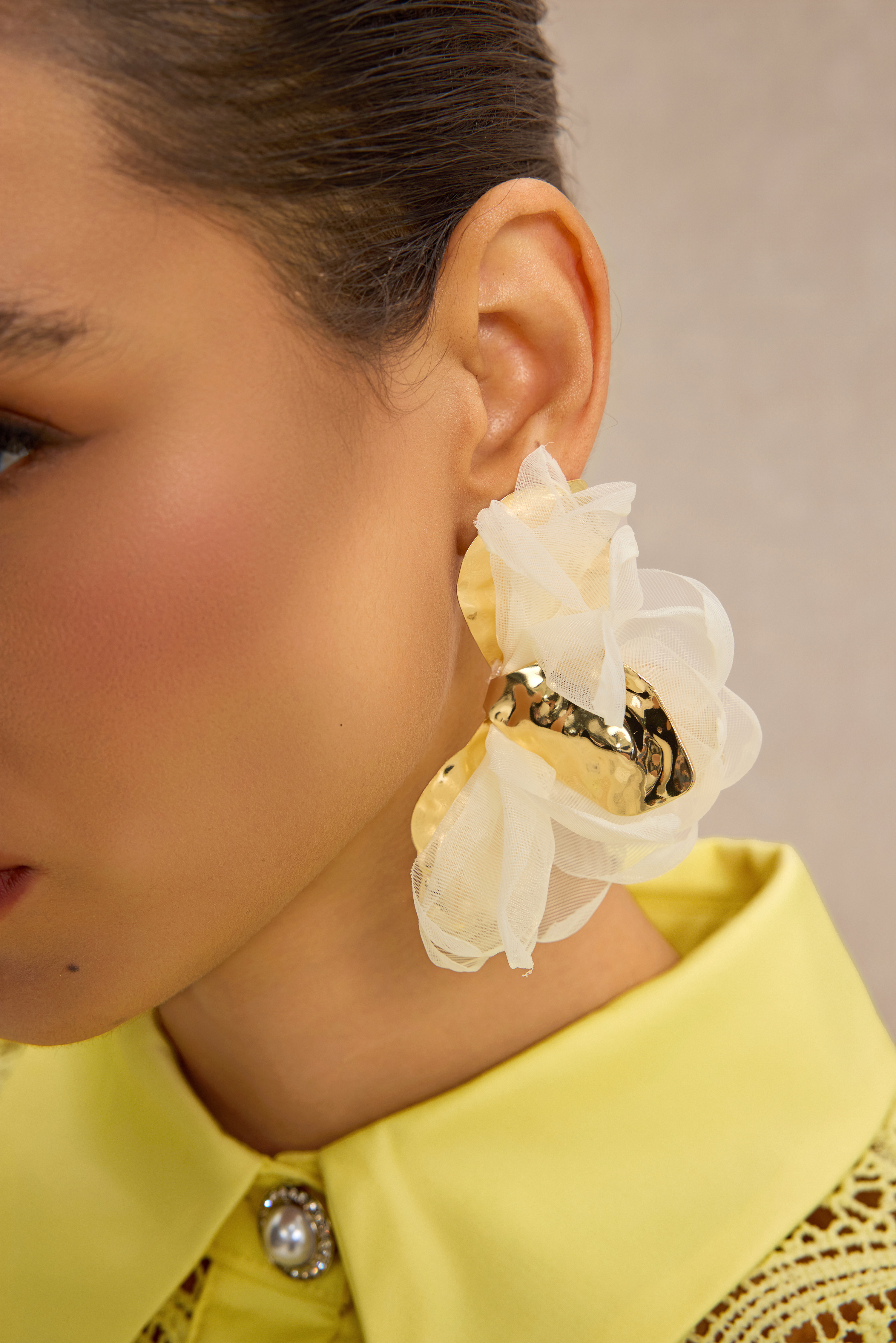 Tulle Flower Metal Petal Statement Earrings