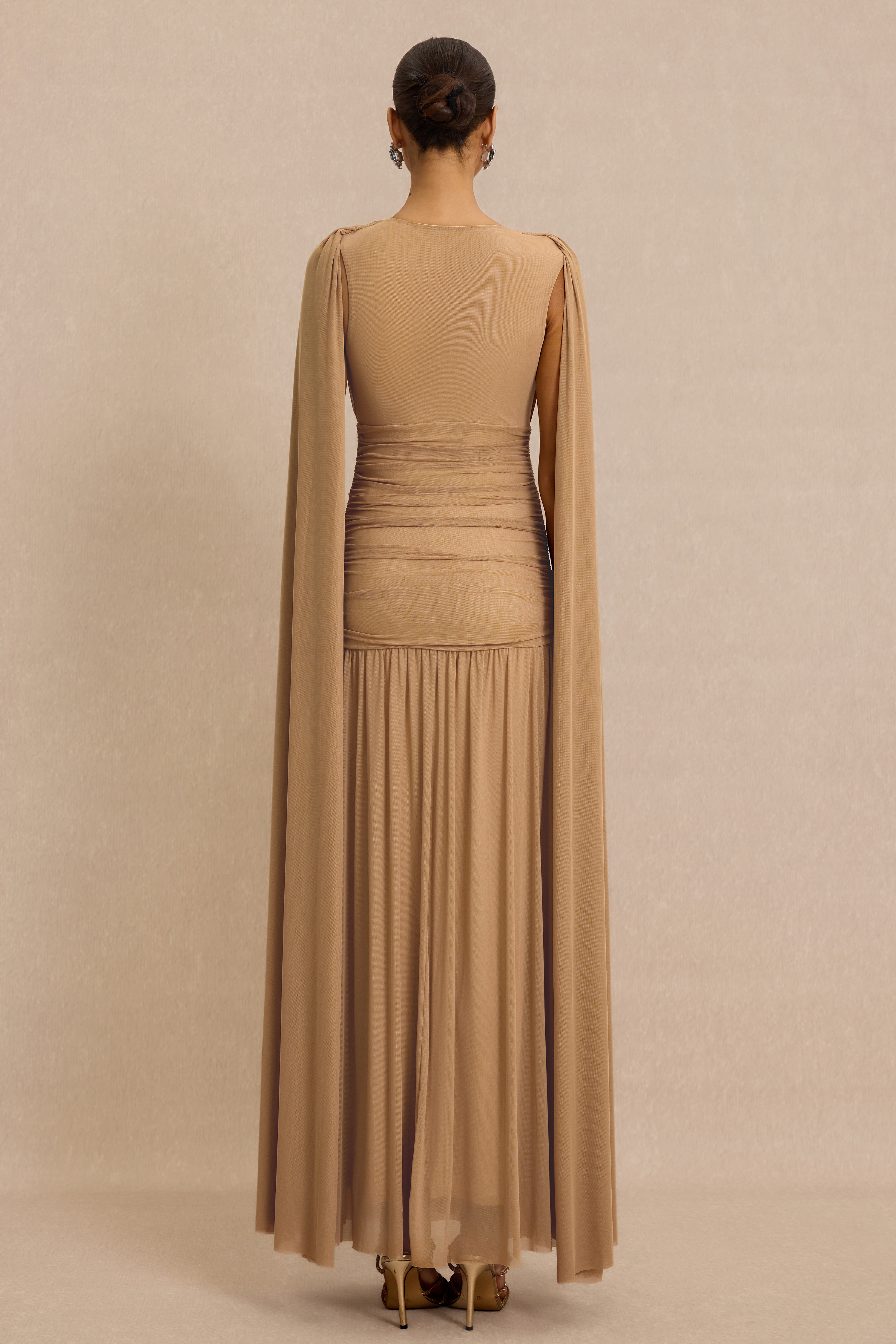 V-Neck Gathering Cape Sleeve Maxi Dress