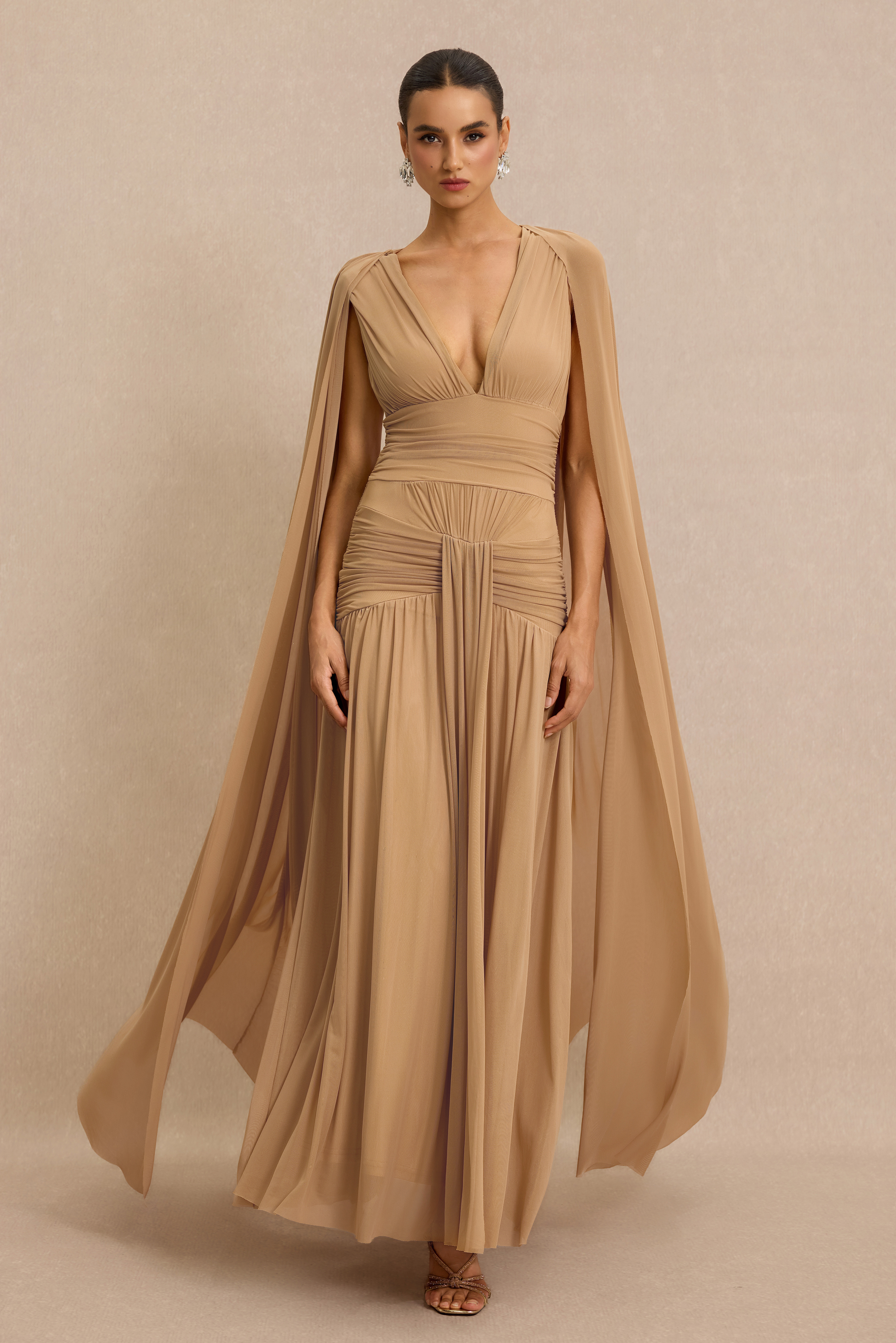 V-Neck Gathering Cape Sleeve Maxi Dress
