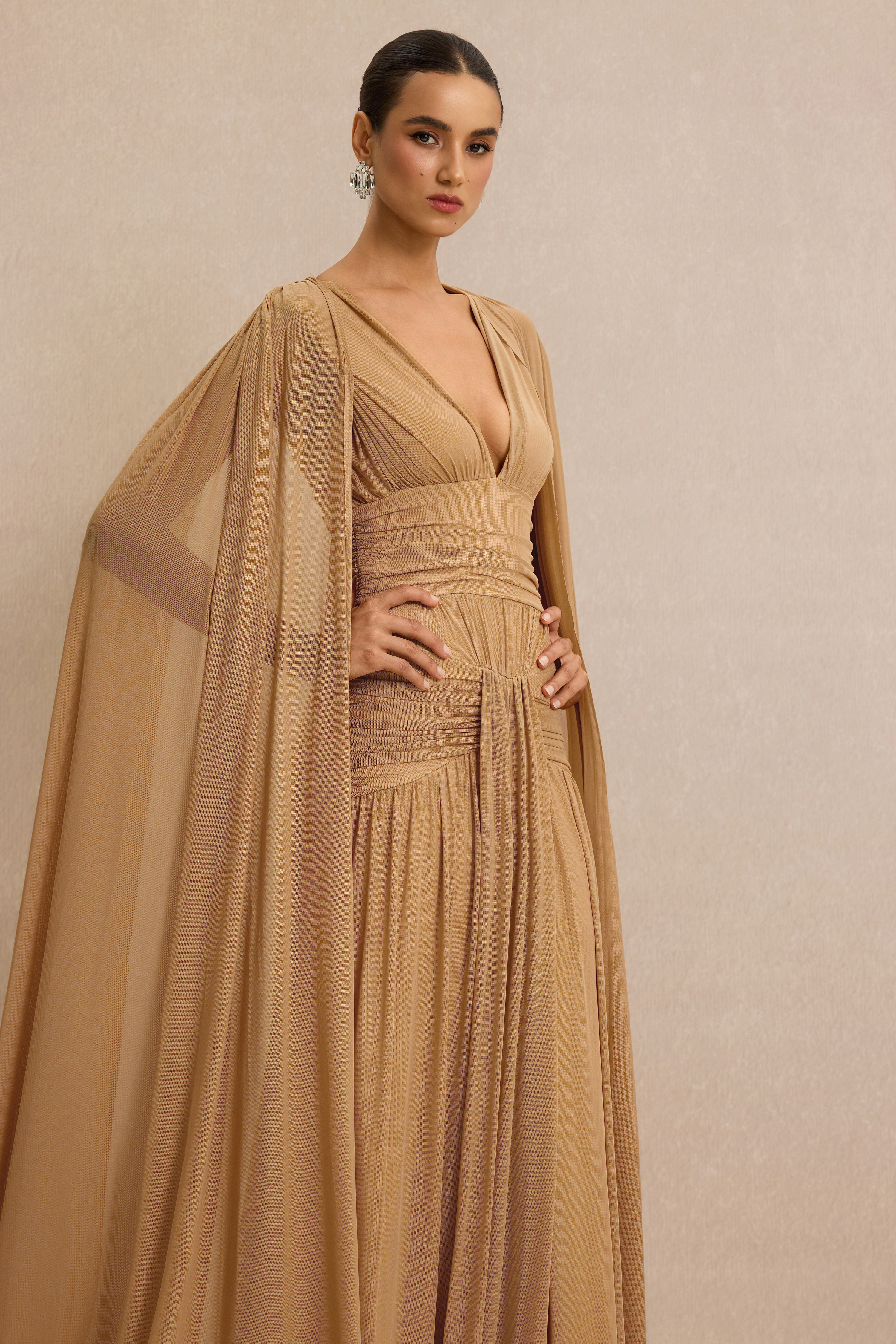 V-Neck Gathering Cape Sleeve Maxi Dress