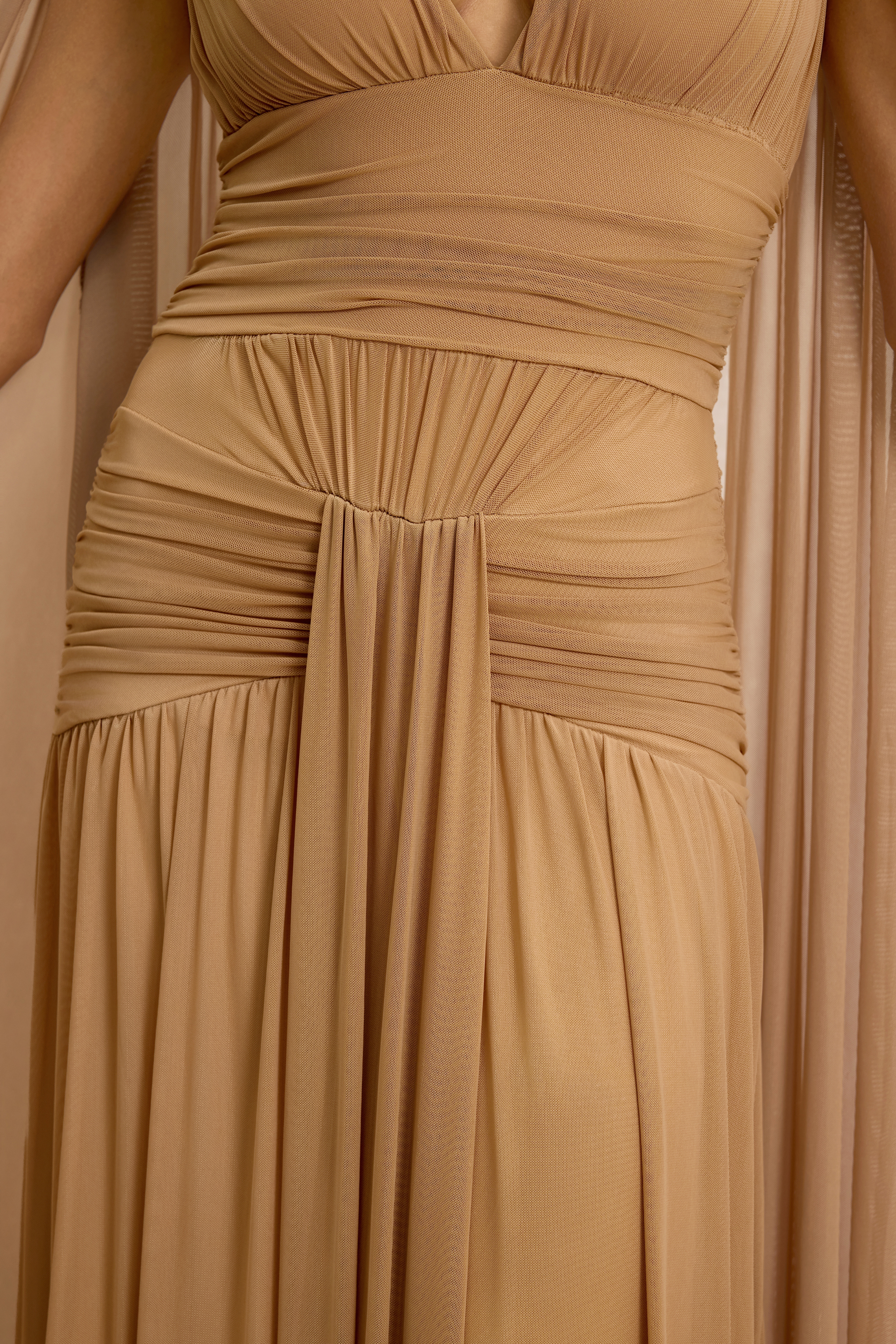 V-Neck Gathering Cape Sleeve Maxi Dress