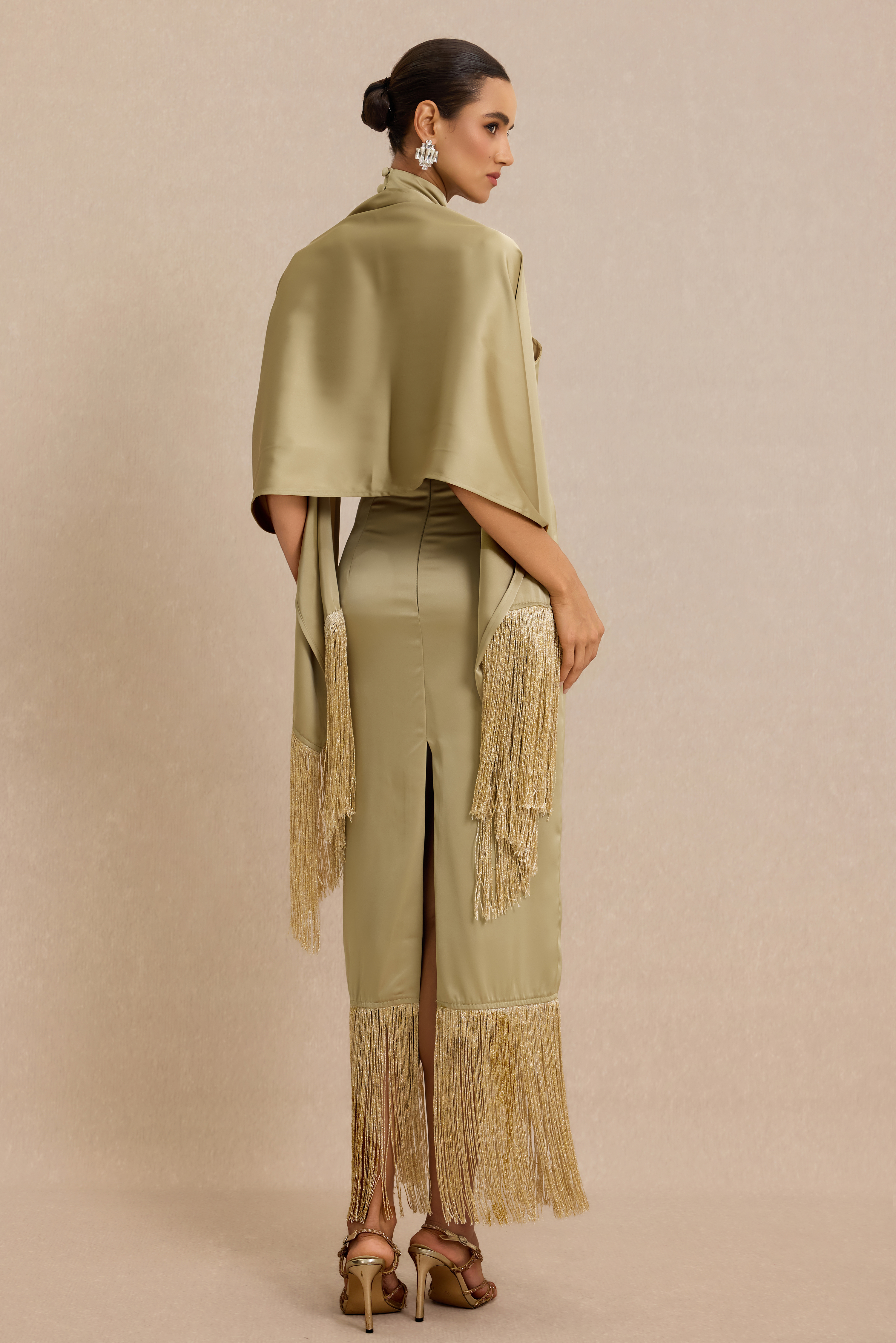 Satin Tassel Maxi Dress With Cape