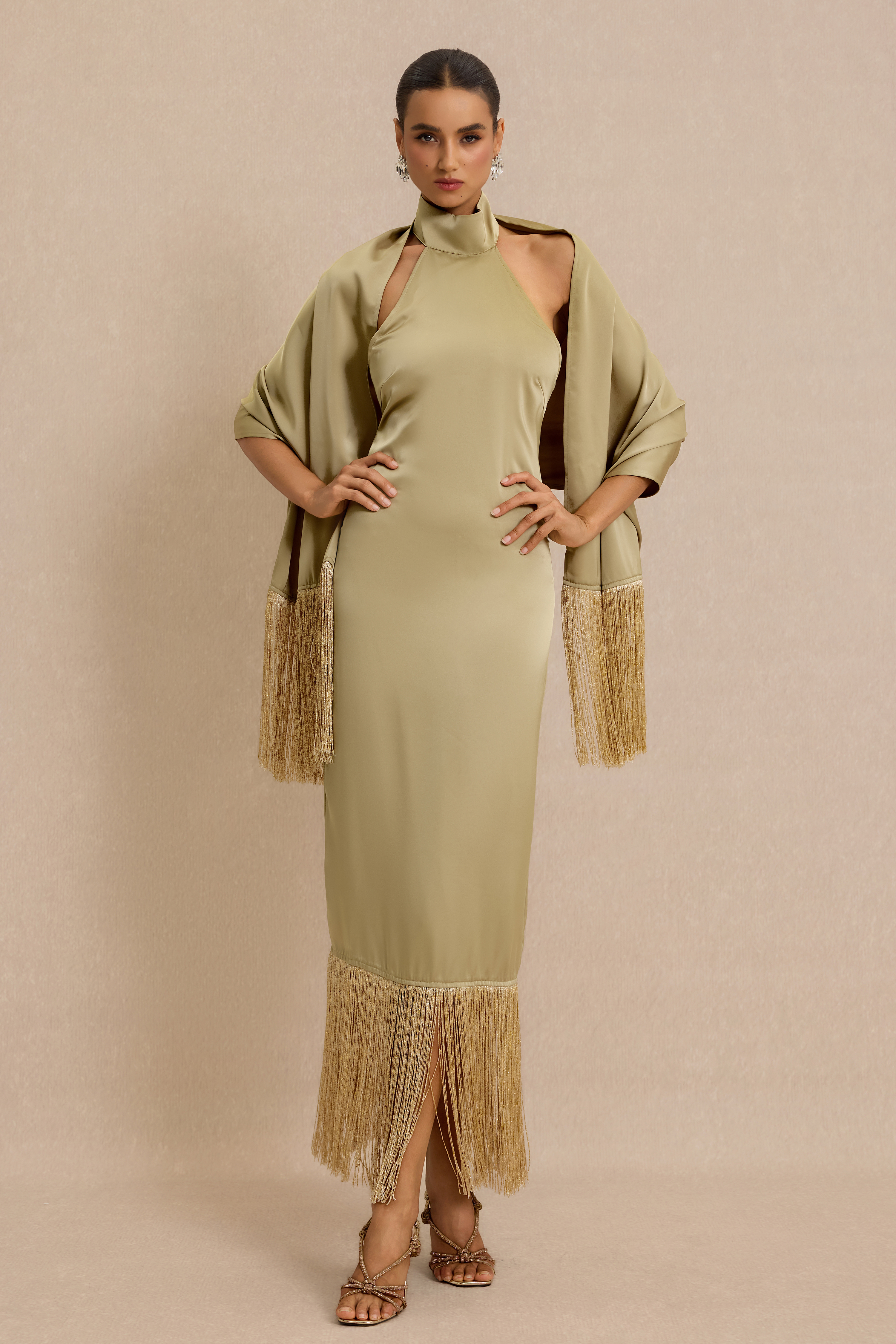 Satin Tassel Maxi Dress With Cape