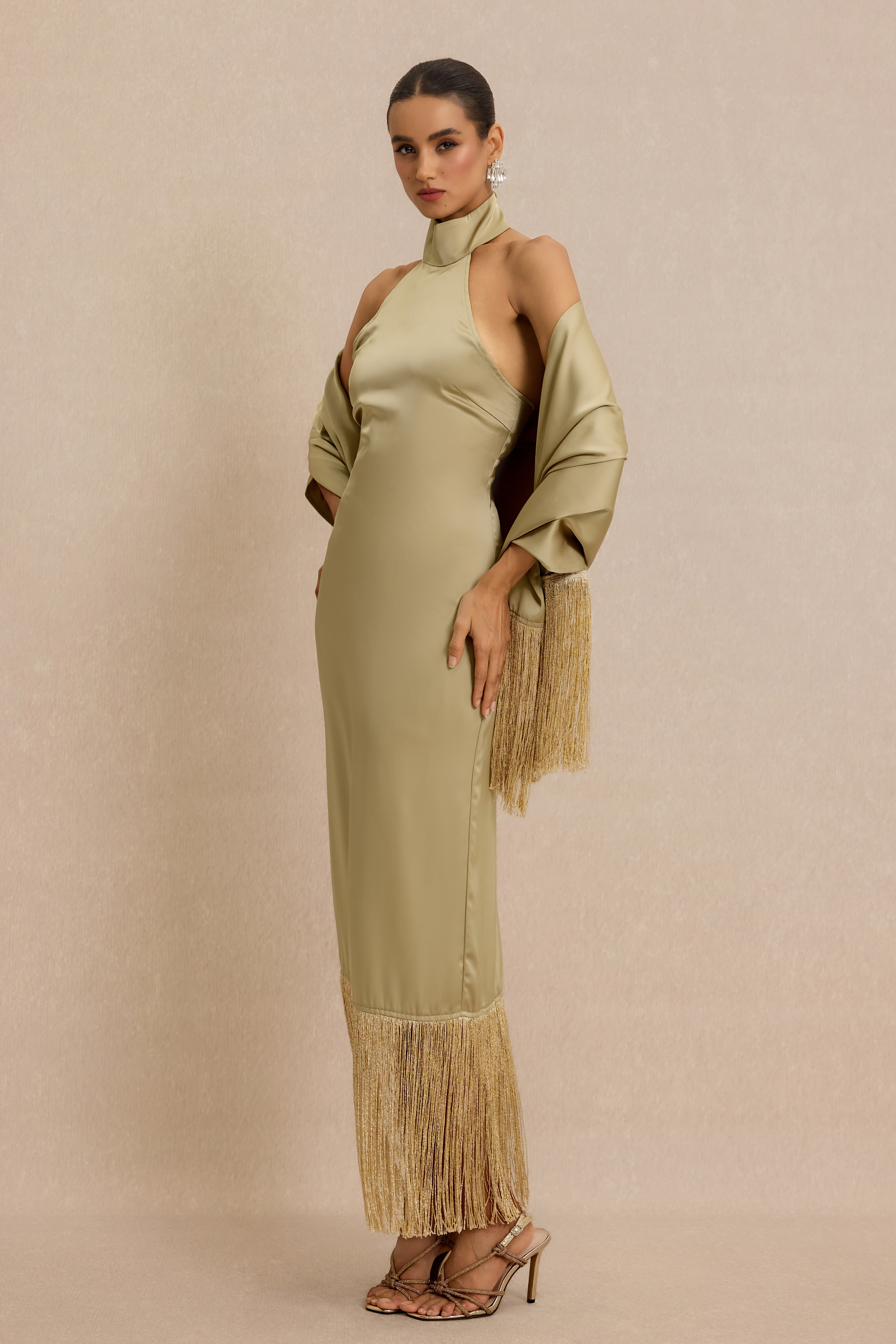 Satin Tassel Maxi Dress With Cape