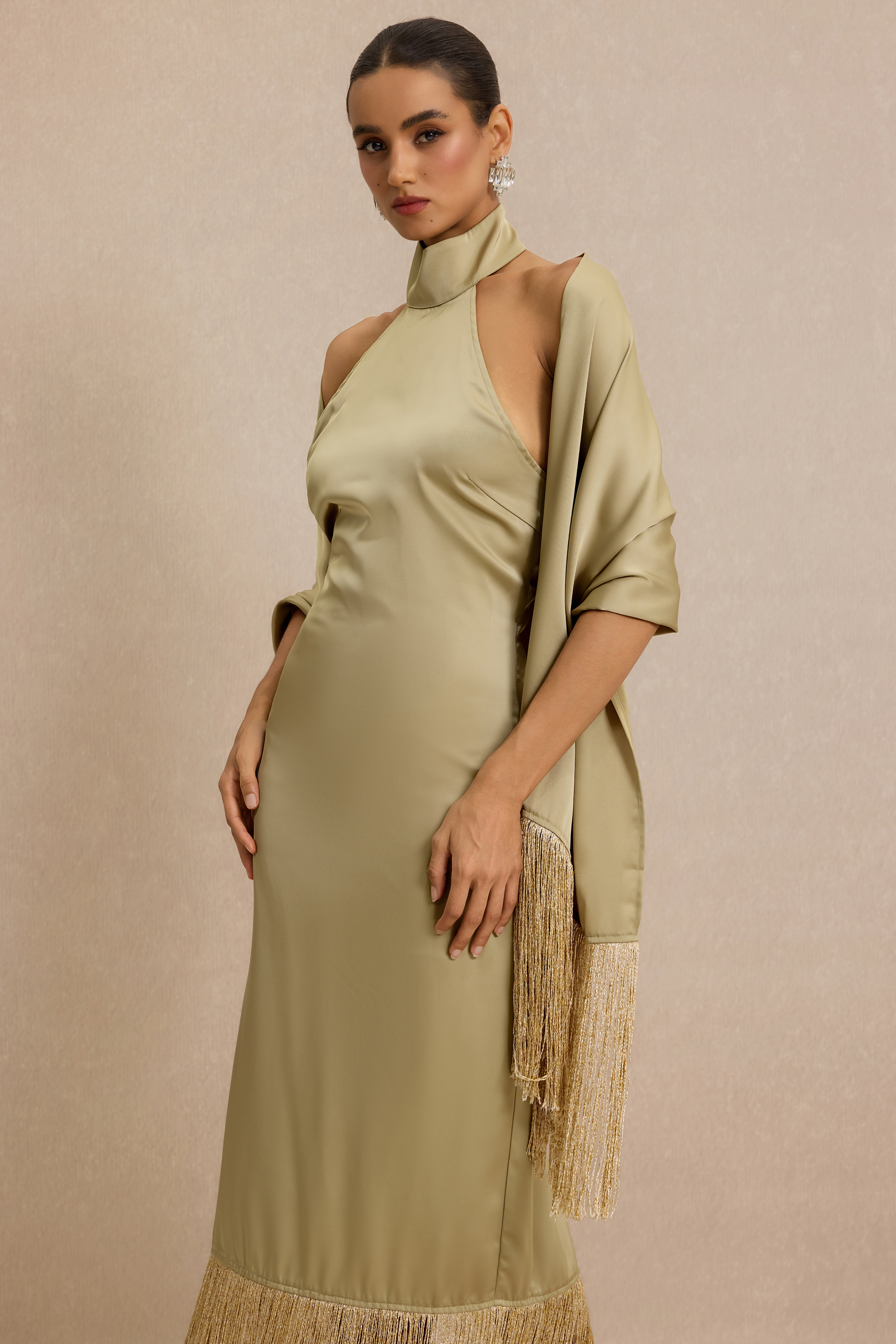 Satin Tassel Maxi Dress With Cape