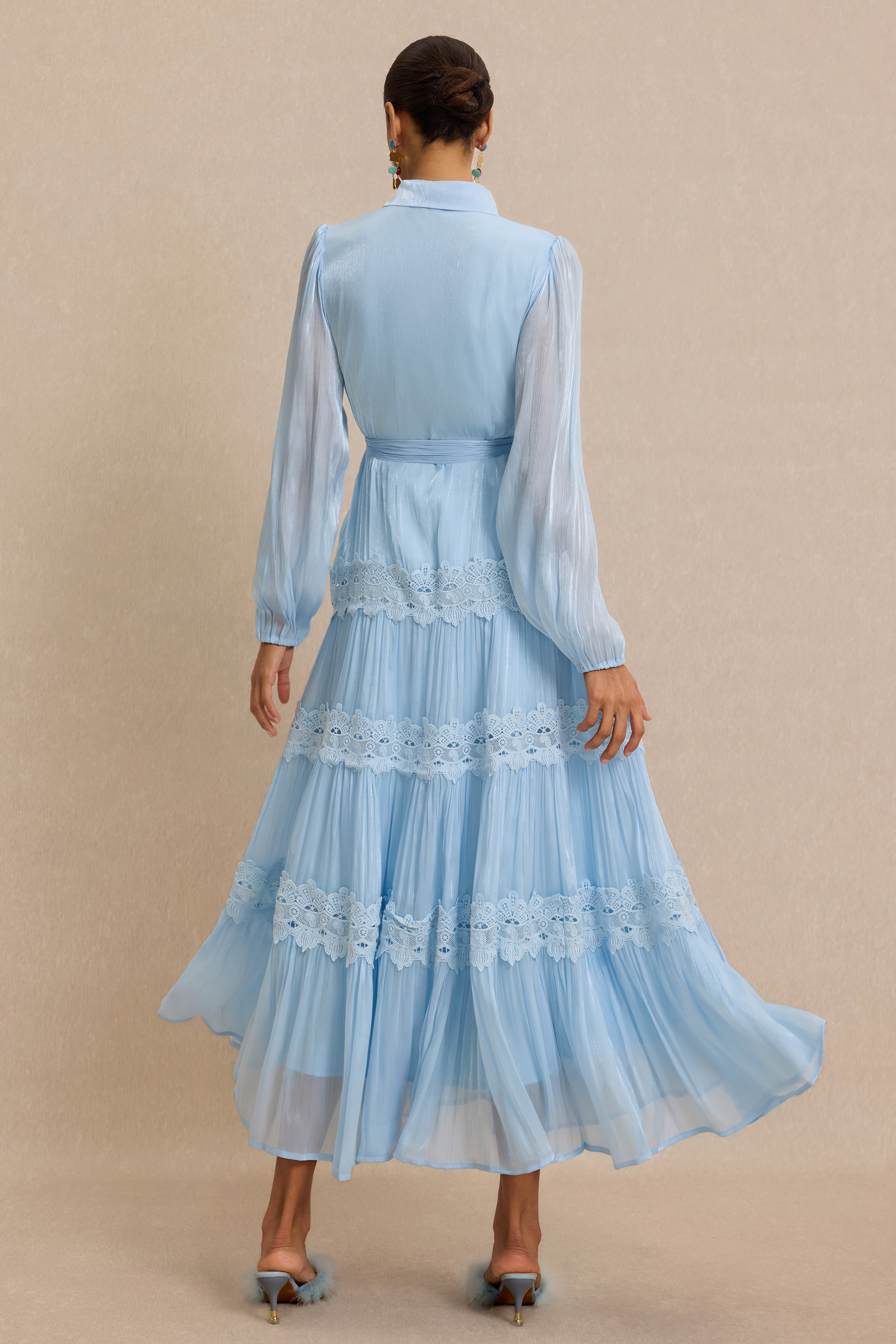 Lace Nail Bead Embroidery Shirt Collar Midi Dress